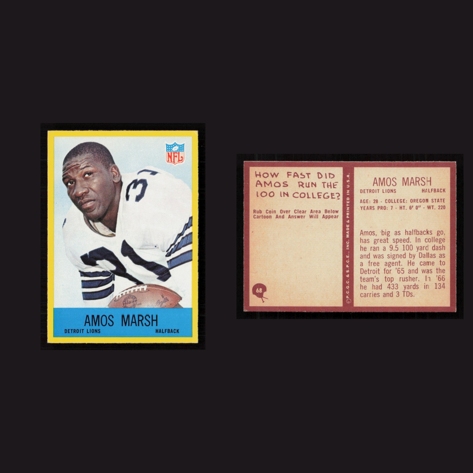1967 Amos Marsh #68 NM-MT Philadelphia Detroit Lions Vintage Football Card NFL front and back scans. Card condition is Near Mint.