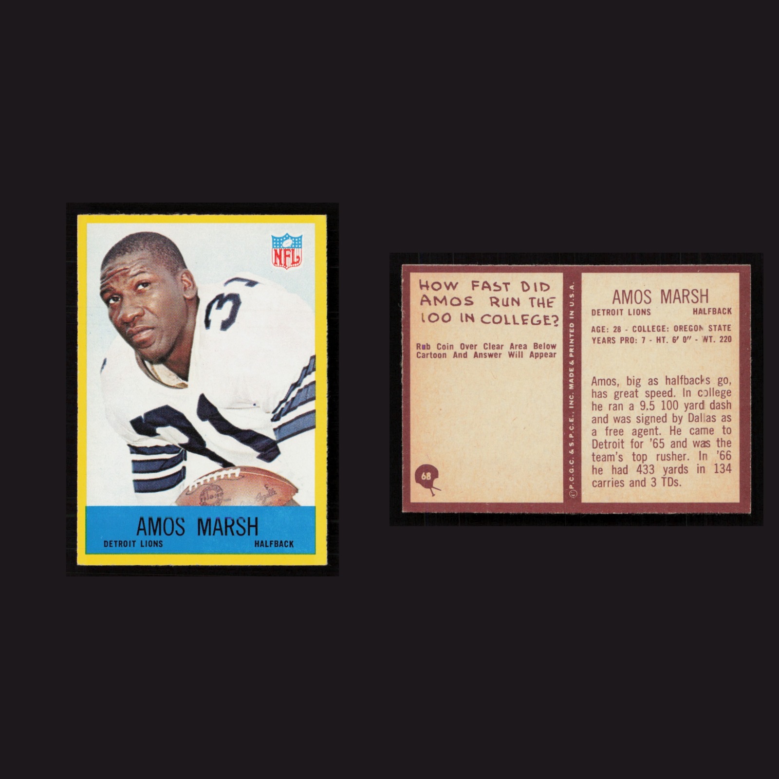1967 Amos Marsh #68 MINT Philadelphia Detroit Lions Vintage Football Card NFL front and back scans. Card condition is Near Mint.