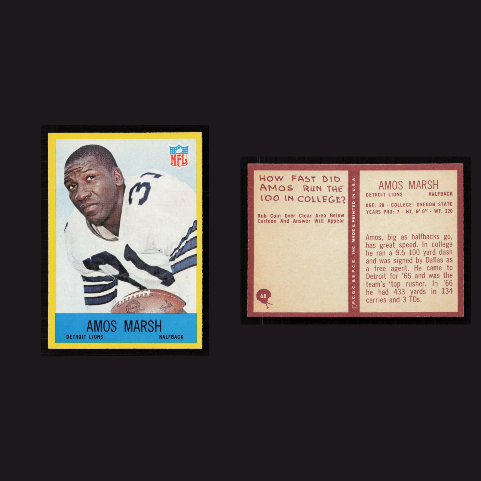 1967 Amos Marsh #68 NM-MT Philadelphia Detroit Lions Vintage Football Card NFL front and back scans. Card condition is Near Mint.