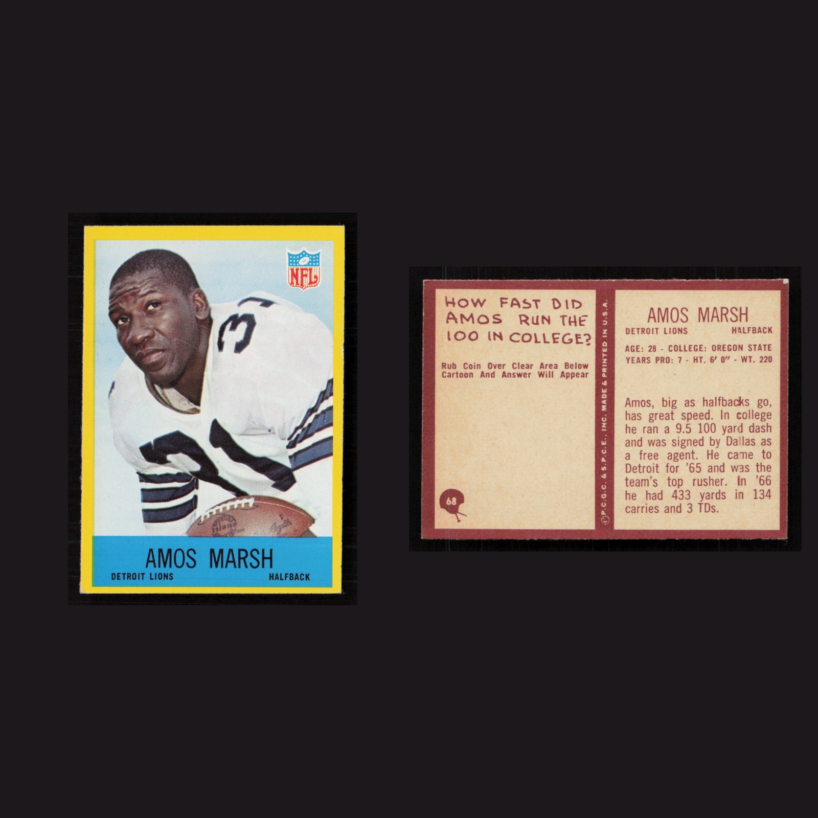 1967 Amos Marsh #68 MINT Philadelphia Detroit Lions Vintage Football Card NFL front and back scans. Card condition is Near Mint.