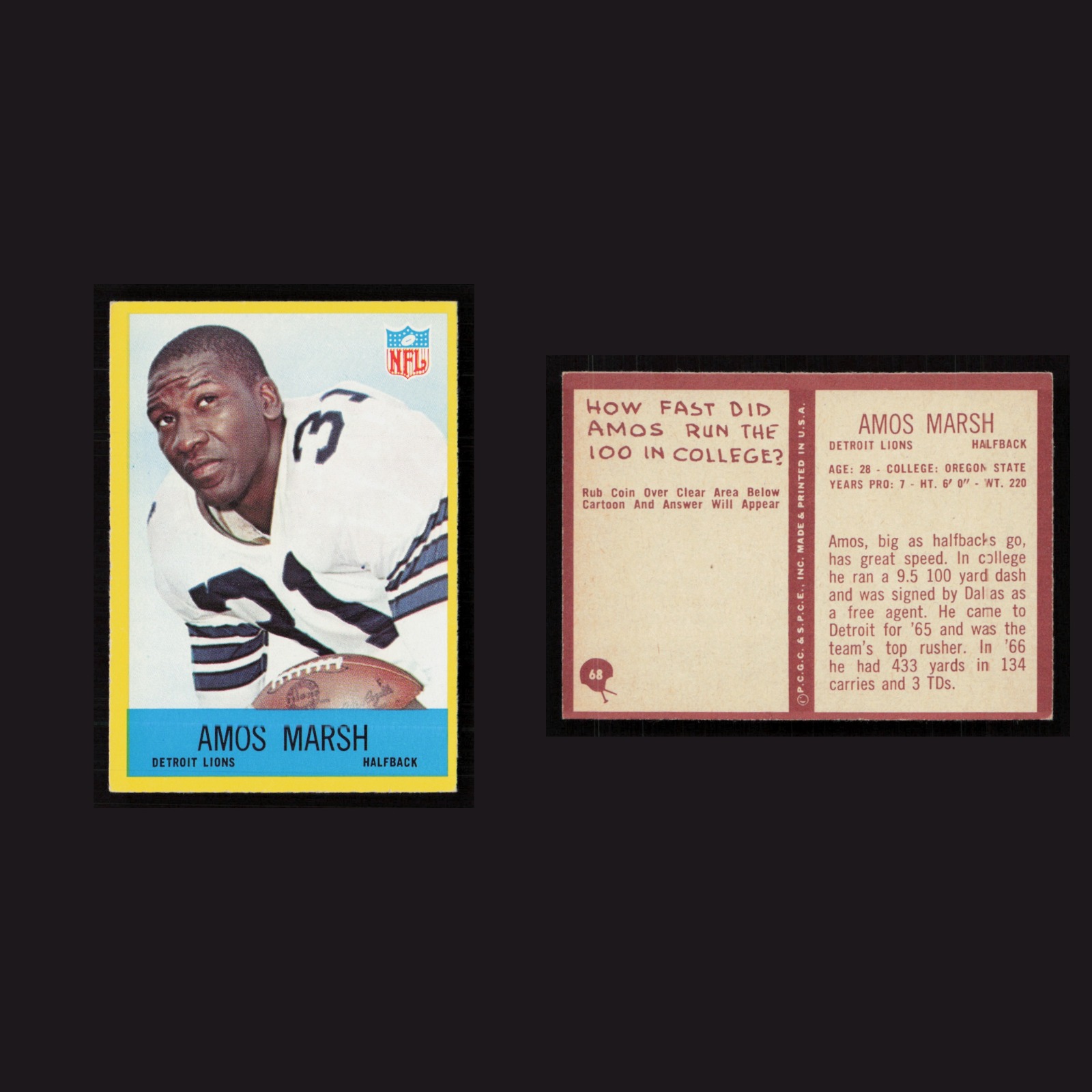 1967 Amos Marsh #68 NM Philadelphia Detroit Lions Vintage Football Card NFL front and back scans. Card condition is Near Mint.