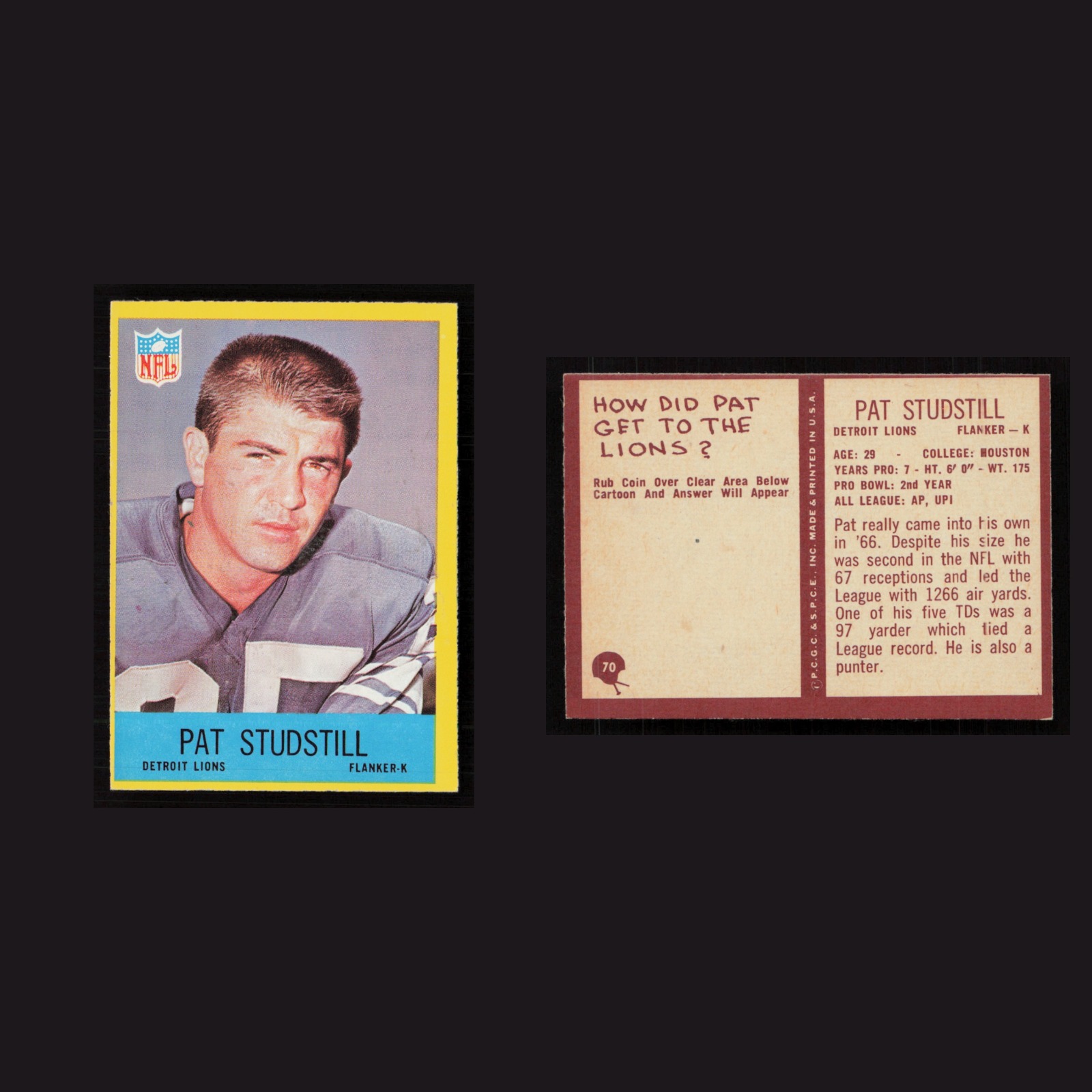 1967 Pat Studstill #70 NM Philadelphia Detroit Lions Vintage Football Card NFL front and back scans. Card condition is Near Mint.