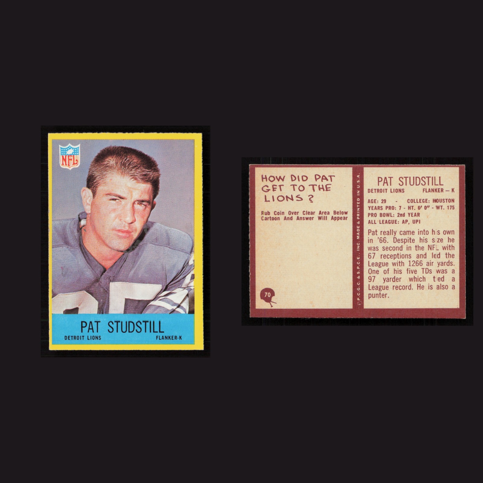 1967 Pat Studstill #70 NM Philadelphia Detroit Lions Vintage Football Card NFL front and back scans. Card condition is Near Mint.