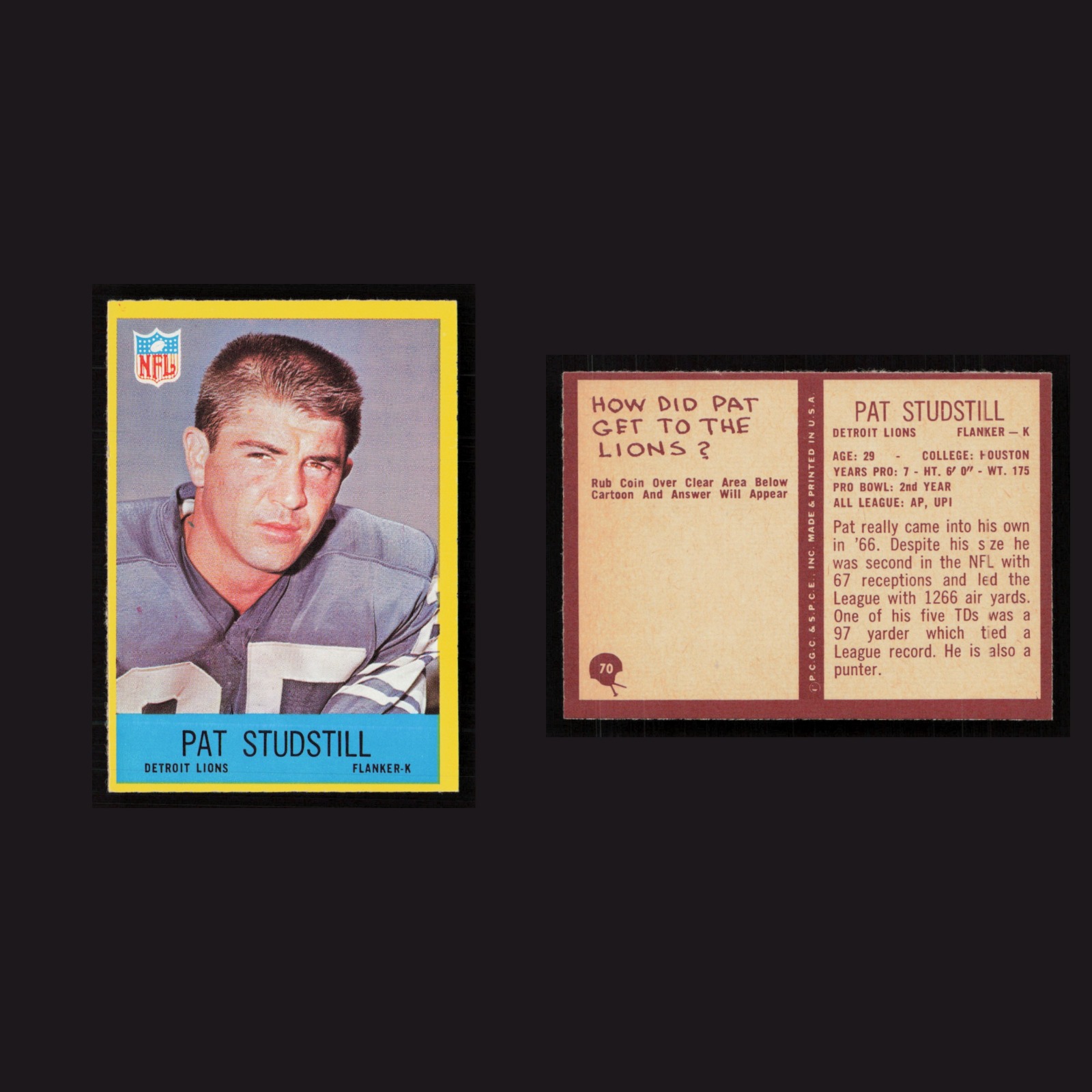1967 Pat Studstill #70 NM-MT Philadelphia Detroit Lions Vintage Football Card front and back scans. Card condition is Near Mint.