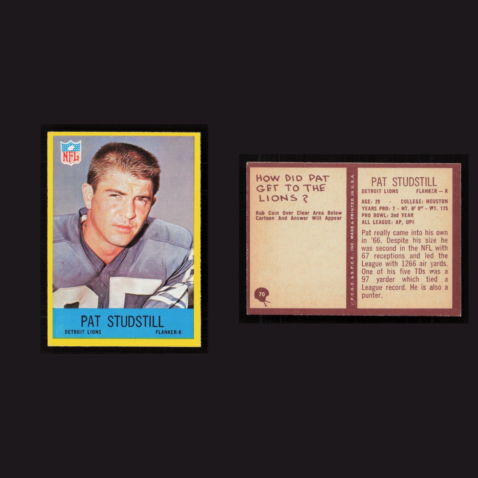 1967 Pat Studstill #70 MINT Philadelphia Detroit Lions Vintage Football Card NFL front and back scans. Card condition is Near Mint.