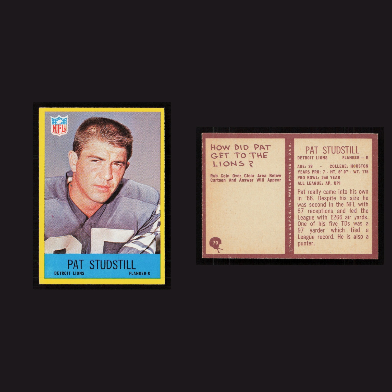 1967 Pat Studstill #70 NM-MT Philadelphia Detroit Lions Vintage Football Card front and back scans. Card condition is Near Mint.