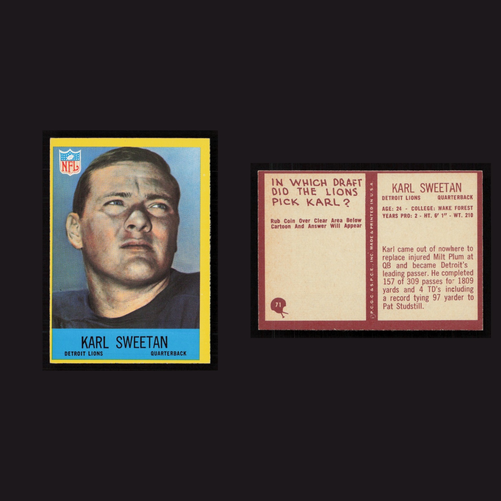 1967 Karl Sweetan #71 NM Philadelphia Detroit Lions Vintage Football Card NFL front and back scans. Card condition is Near Mint.