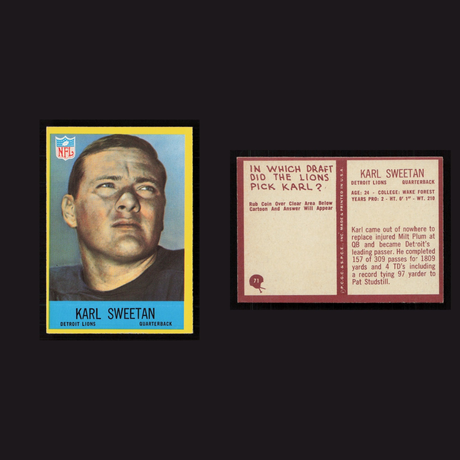 1967 Karl Sweetan #71 NM-MT Philadelphia Detroit Lions Vintage Football Card NFL front and back scans. Card condition is Near Mint.