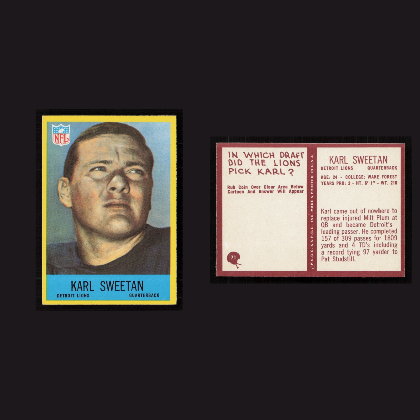 1967 Karl Sweetan #71 NM-MT Philadelphia Detroit Lions Vintage Football Card NFL front and back scans. Card condition is Near Mint.