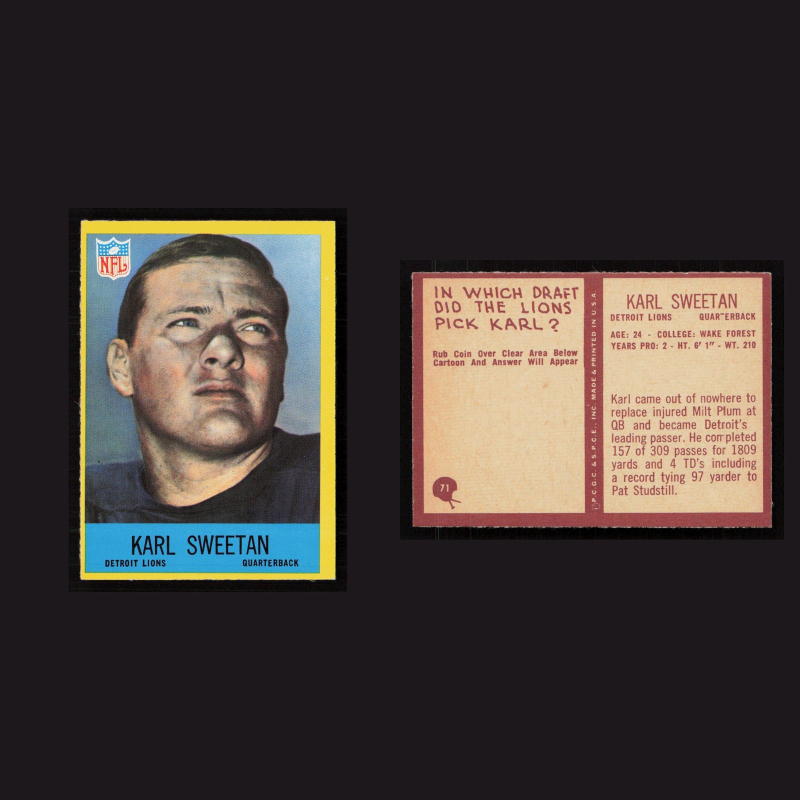 1967 Karl Sweetan #71 NM Philadelphia Detroit Lions Vintage Football Card NFL front and back scans. Card condition is Near Mint.