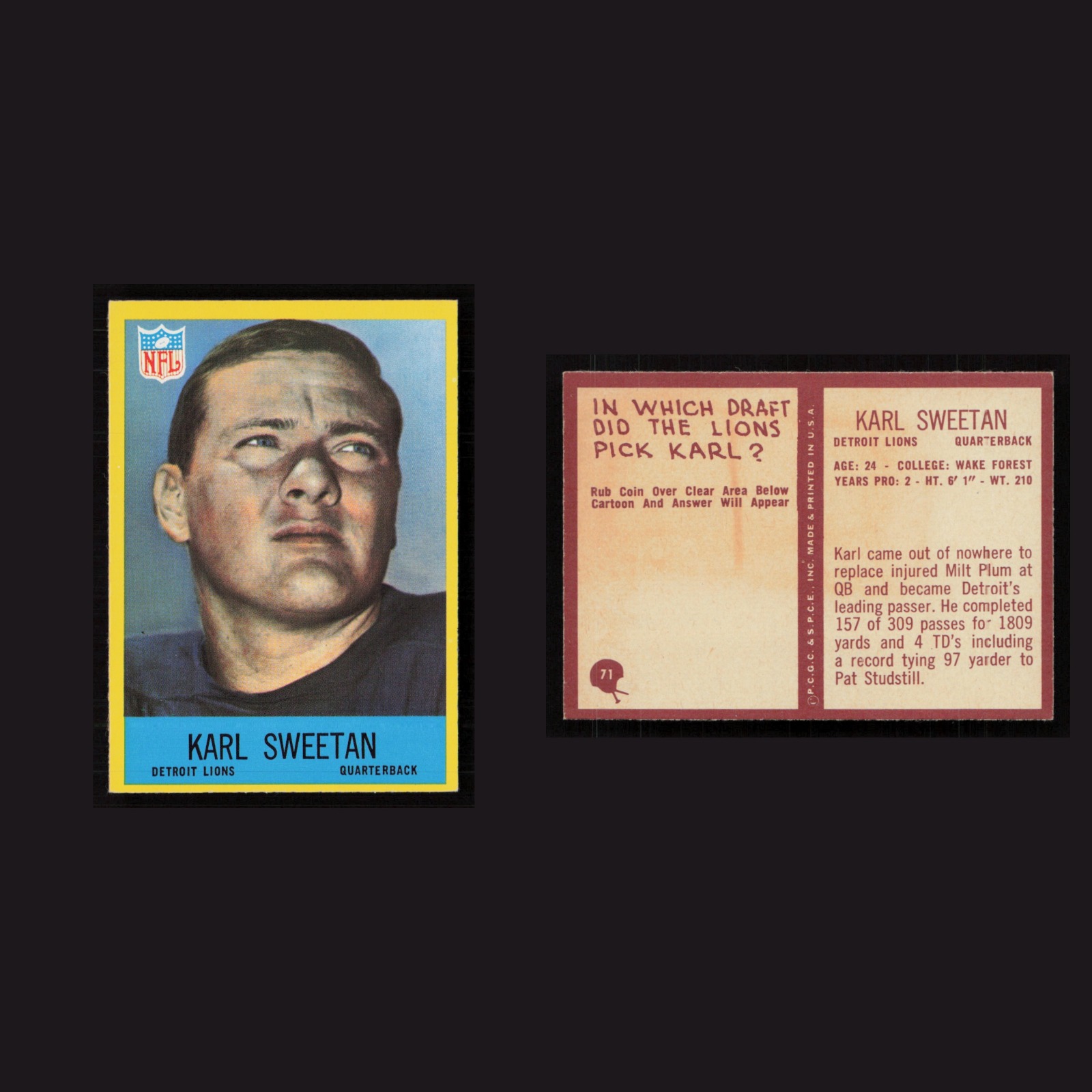 1967 Karl Sweetan #71 NM-MT Philadelphia Detroit Lions Vintage Football Card NFL front and back scans. Card condition is Near Mint.