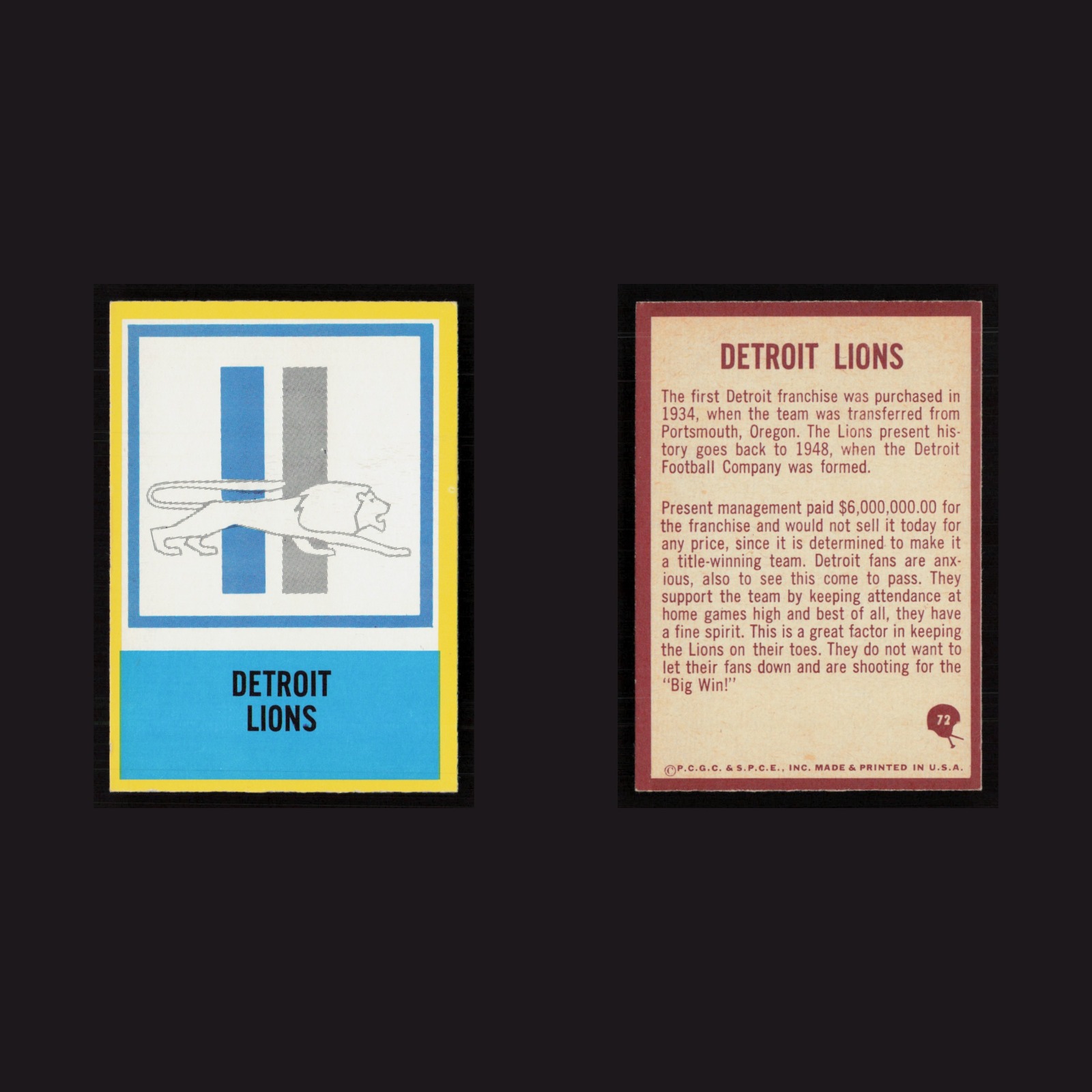 1967 Lions Logo #72 NM-MT Philadelphia Detroit Lions Vintage Football Card NFL front and back scans. Card condition is Near Mint.