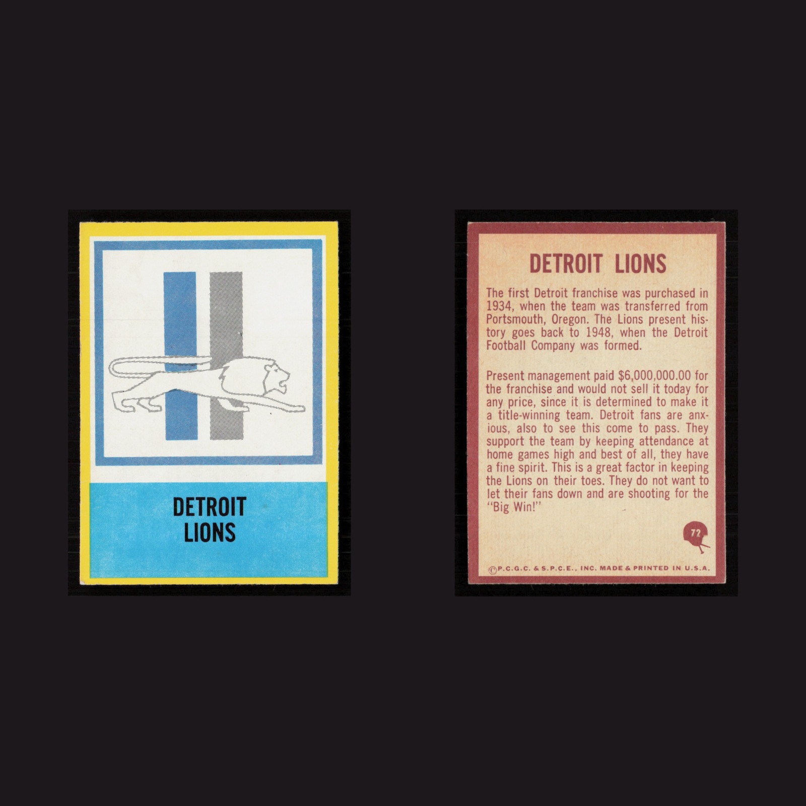 1967 Lions Logo #72 NM Philadelphia Detroit Lions Vintage Football Card NFL front and back scans. Card condition is Near Mint.