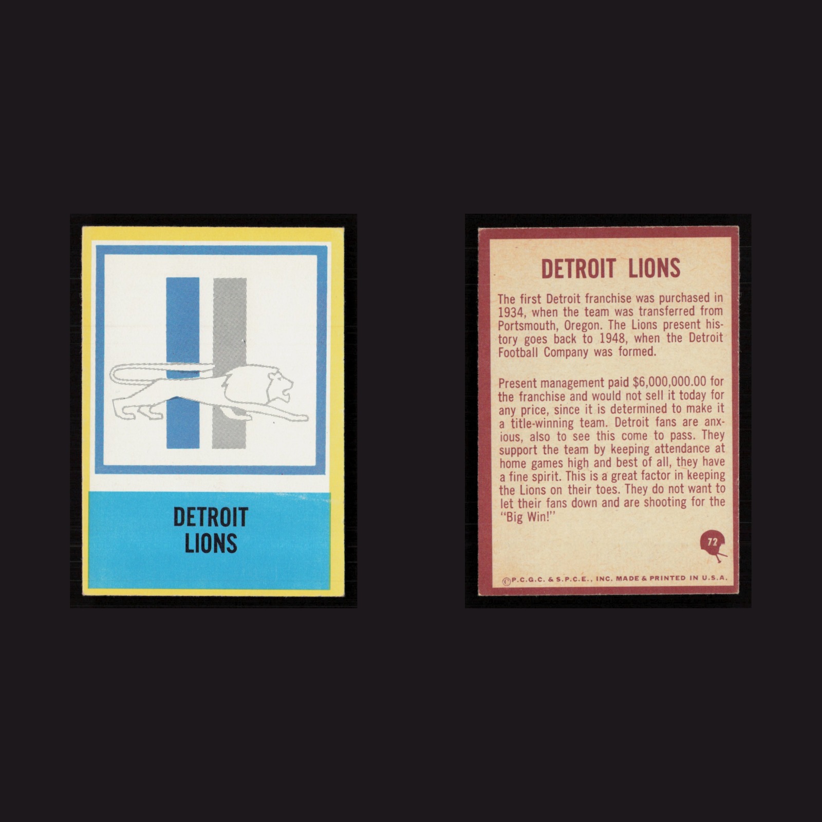 1967 Lions Logo #72 NM Philadelphia Detroit Lions Vintage Football Card NFL front and back scans. Card condition is Near Mint.