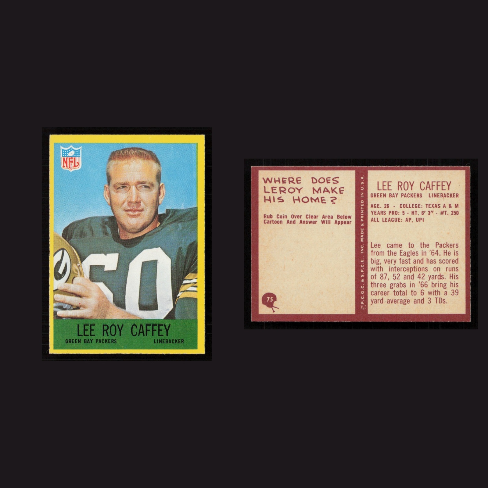 1967 Lee Roy Caffey #75 NM-MT Philadelphia Green Bay Packers Vintage Football front and back scans. Card condition is Near Mint.