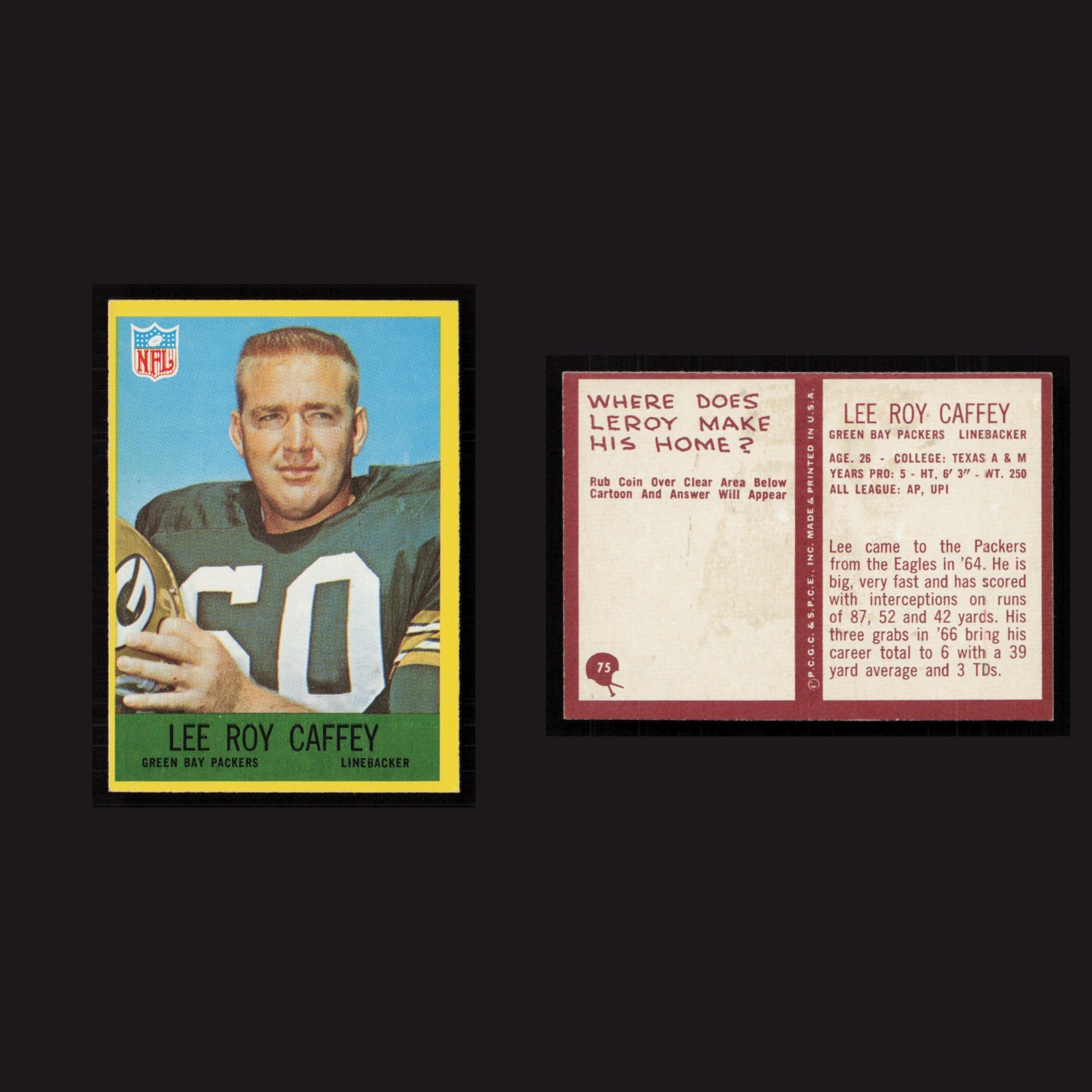 1967 Lee Roy Caffey #75 NM Philadelphia Green Bay Packers Vintage Football Card front and back scans. Card condition is Near Mint.