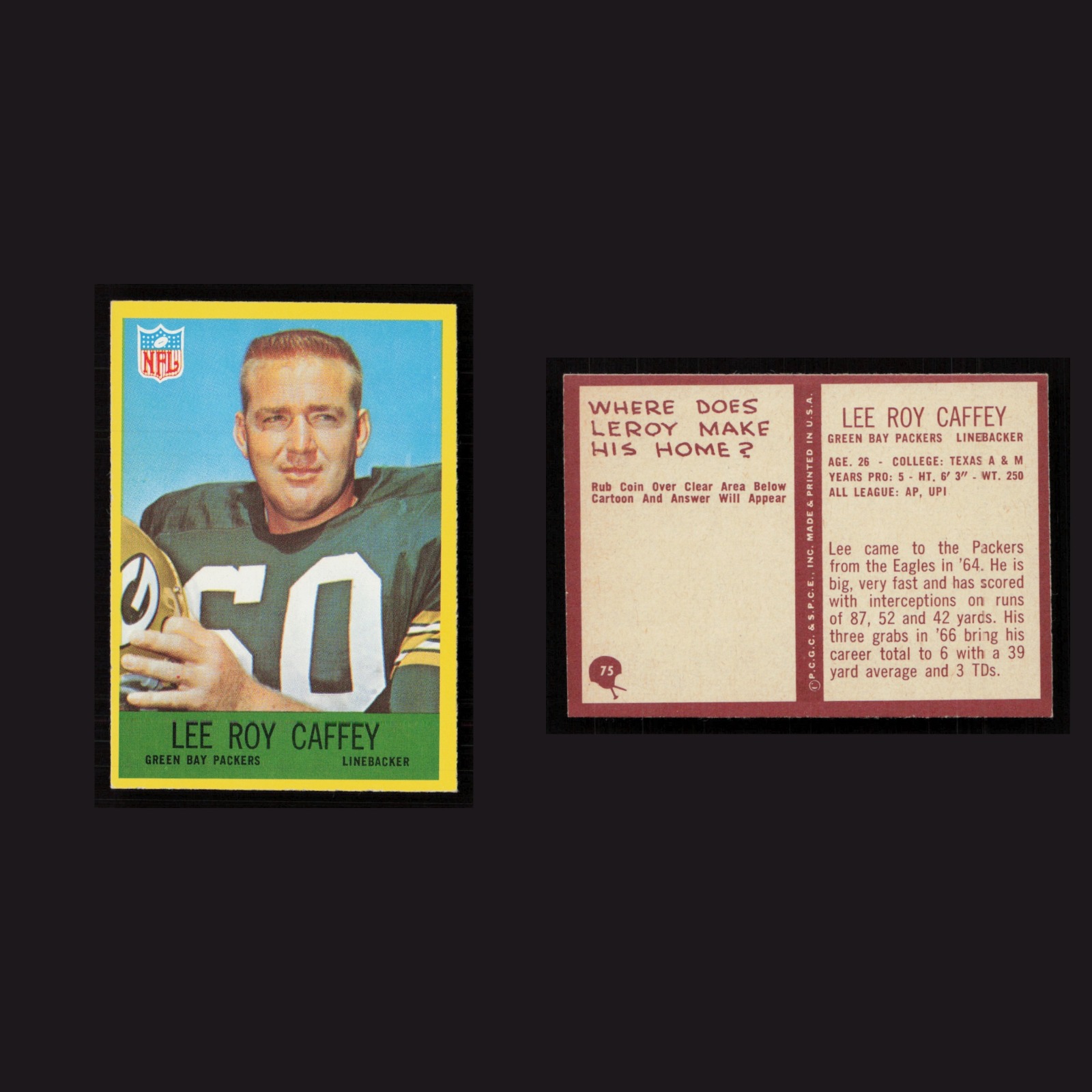 1967 Lee Roy Caffey #75 NM Philadelphia Green Bay Packers Vintage Football Card front and back scans. Card condition is Near Mint.