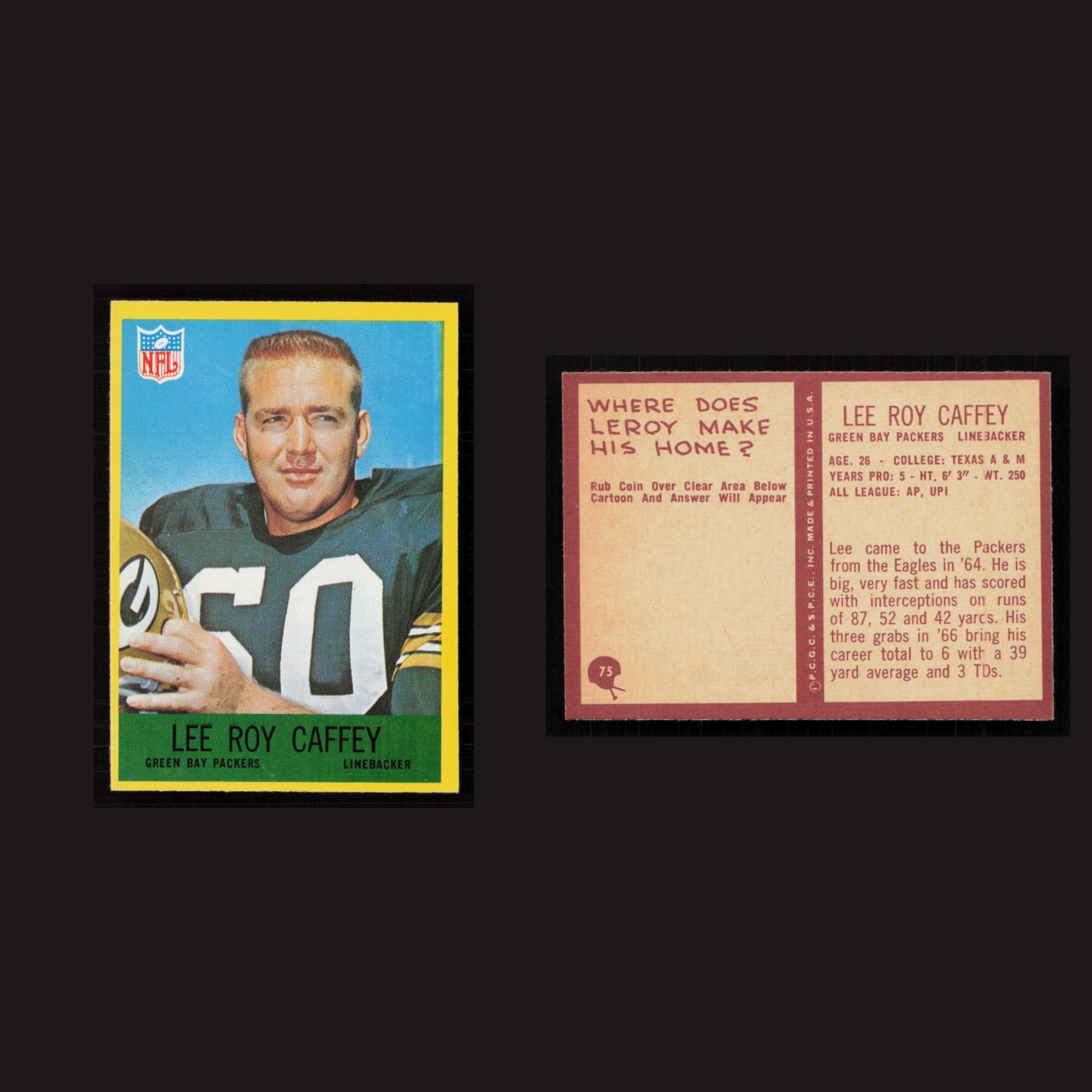 1967 Lee Roy Caffey #75 NM-MT Philadelphia Green Bay Packers Vintage Football front and back scans. Card condition is Near Mint.