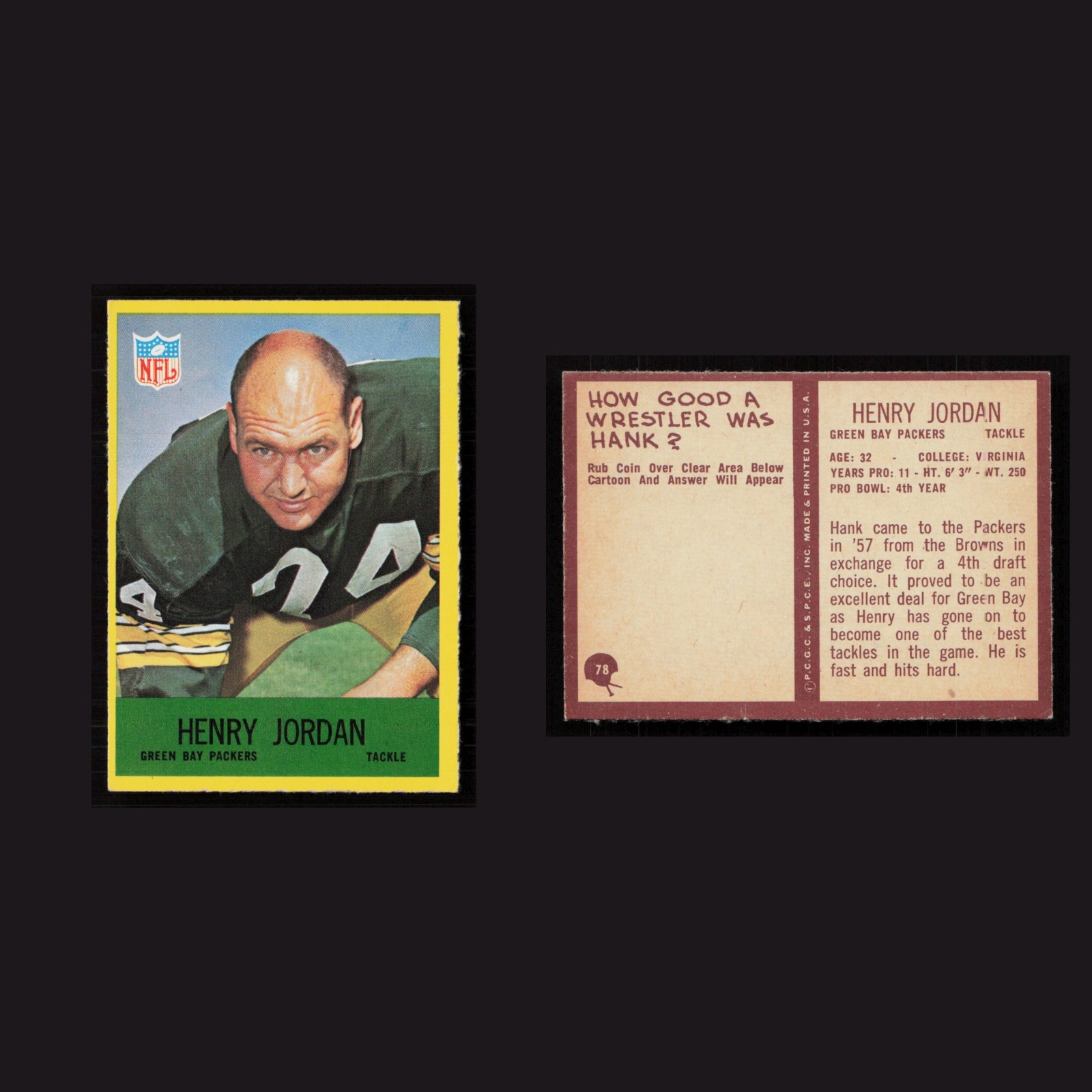 1967 Henry Jordan #78 NM Philadelphia Green Bay Packers Vintage Football Card front and back scans. Card condition is Near Mint.
