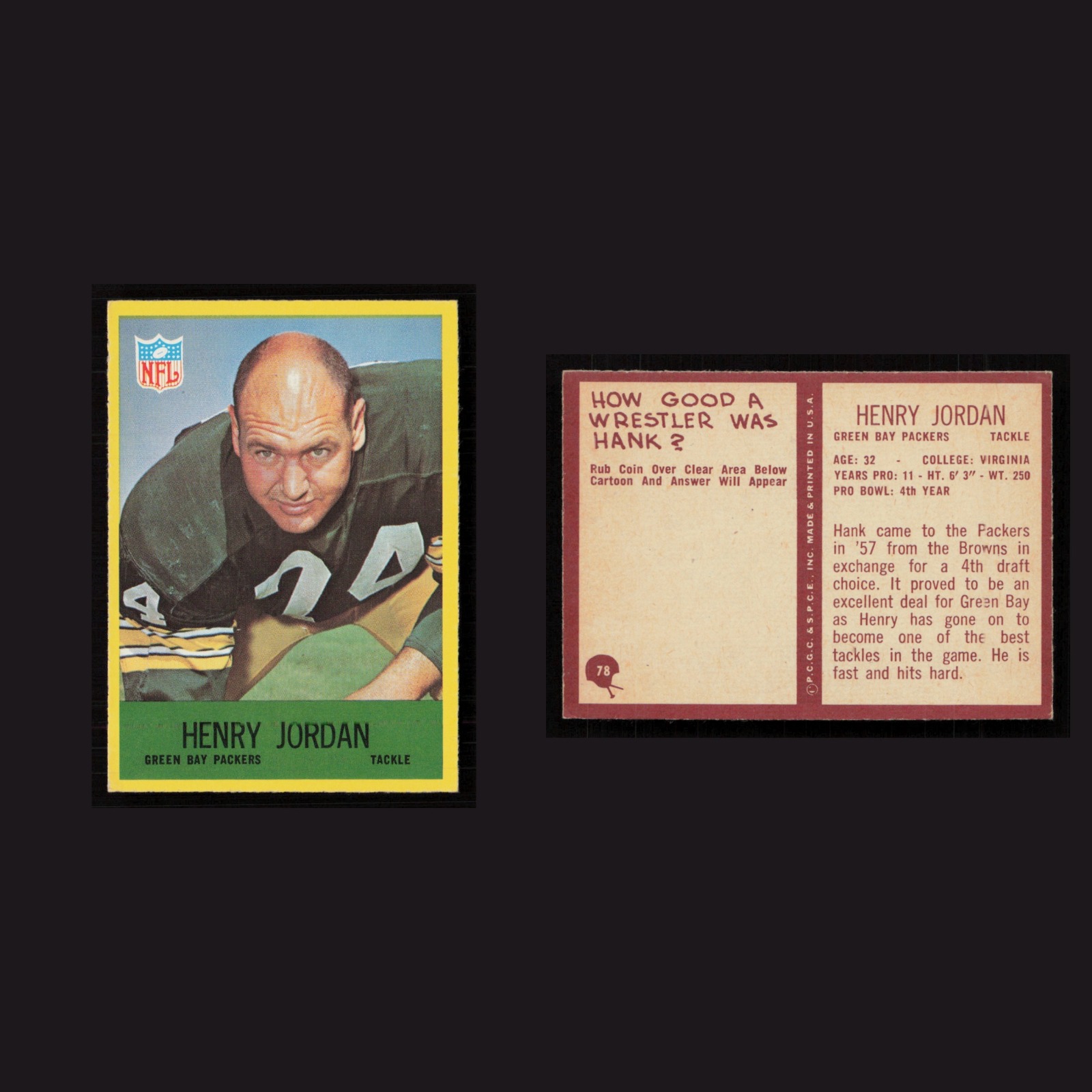 1967 Henry Jordan #78 NM-MT Philadelphia Green Bay Packers Vintage Football Card front and back scans. Card condition is Near Mint.