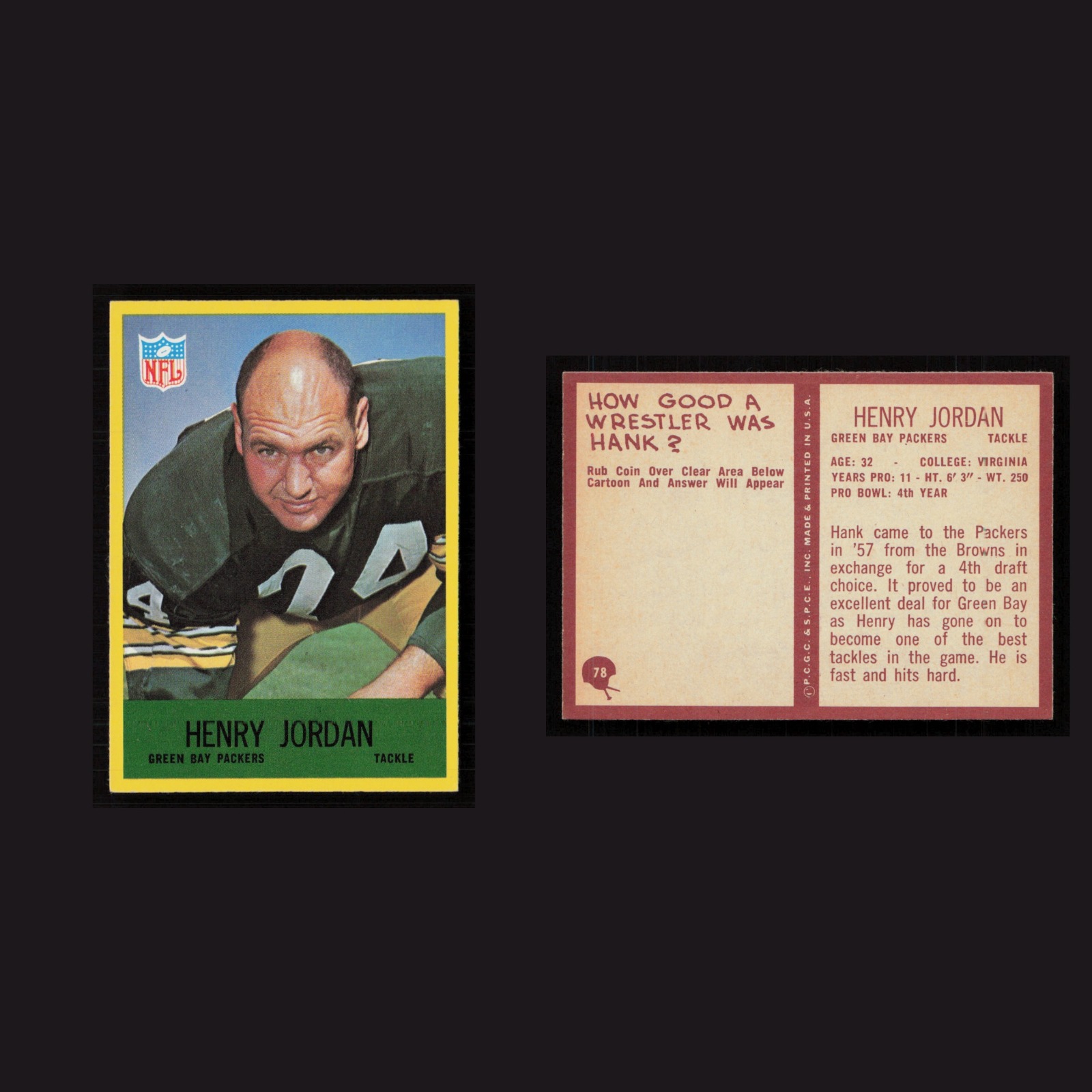 1967 Henry Jordan #78 NM-MT Philadelphia Green Bay Packers Vintage Football Card front and back scans. Card condition is Near Mint.