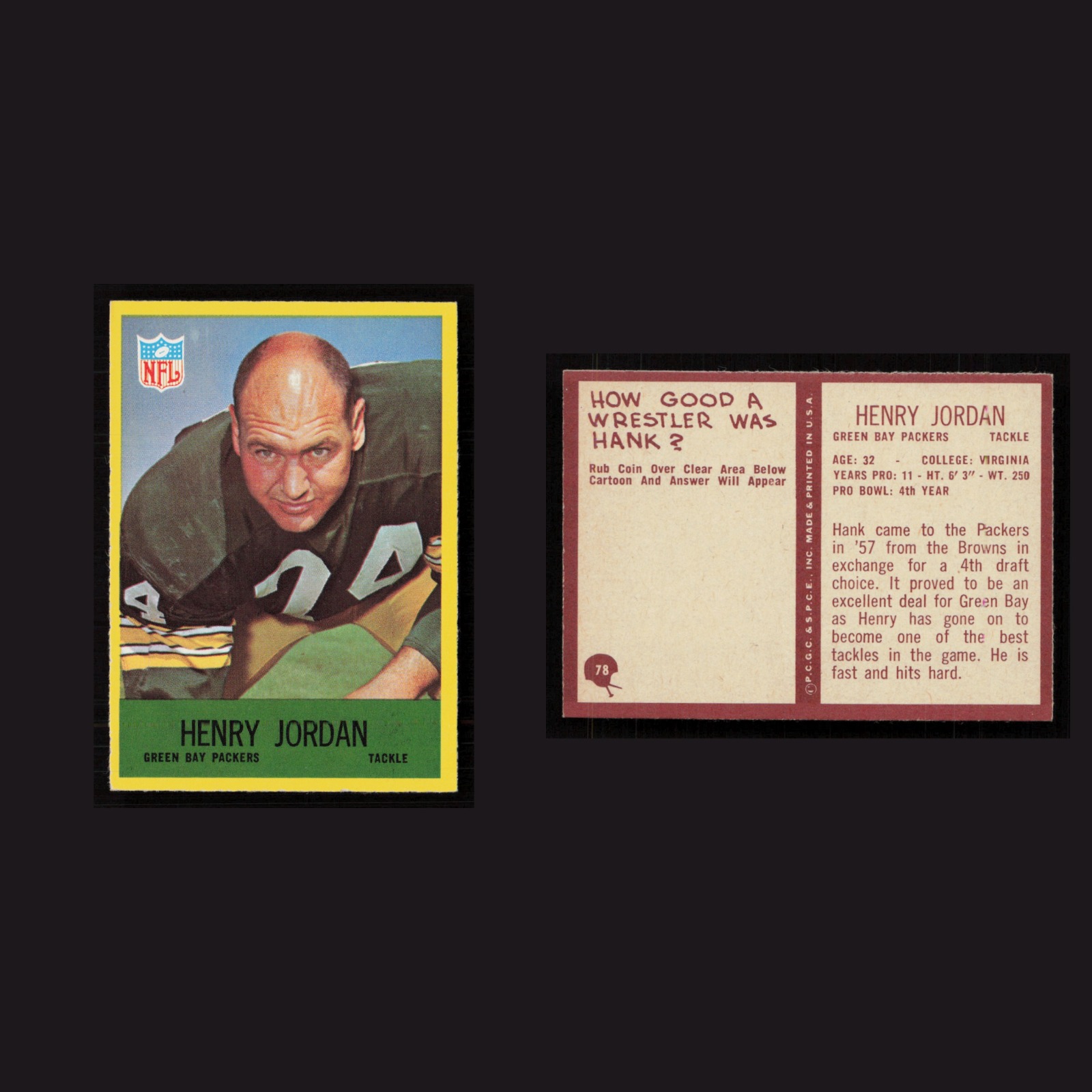 1967 Henry Jordan #78 NM-MT Philadelphia Green Bay Packers Vintage Football Card front and back scans. Card condition is Near Mint.