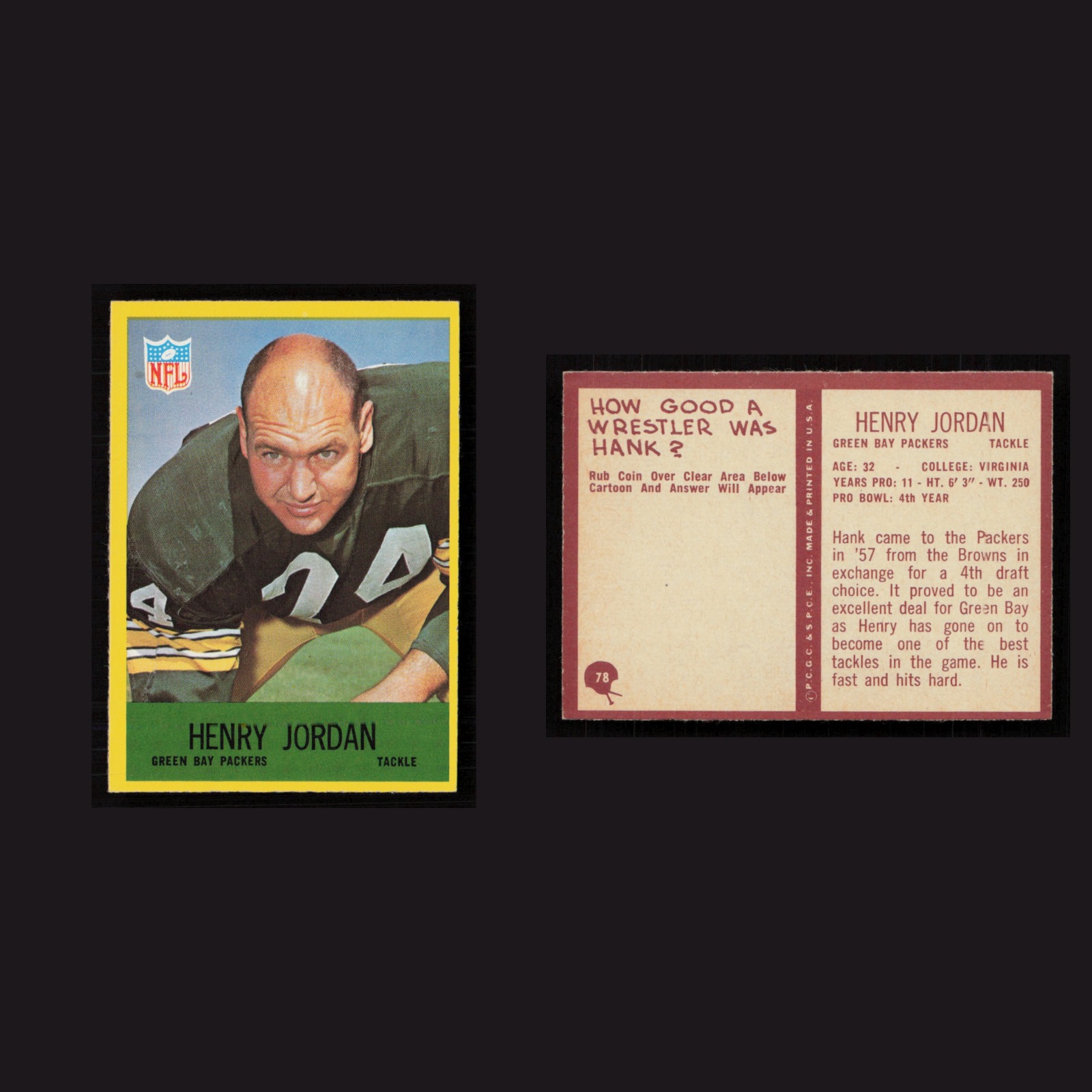 1967 Henry Jordan #78 NM Philadelphia Green Bay Packers Vintage Football Card front and back scans. Card condition is Near Mint.