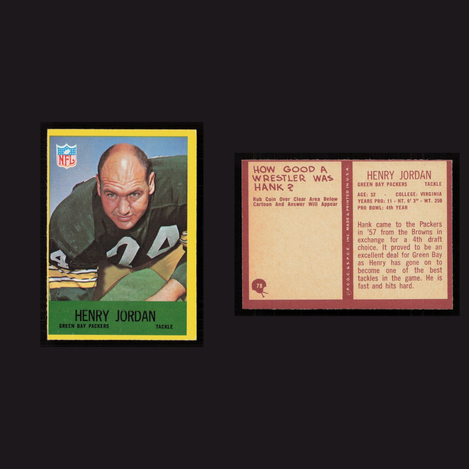 1967 Henry Jordan #78 EX-EXMINT Philadelphia Green Bay Packers Vintage Football front and back scans. Card condition is Near Mint.