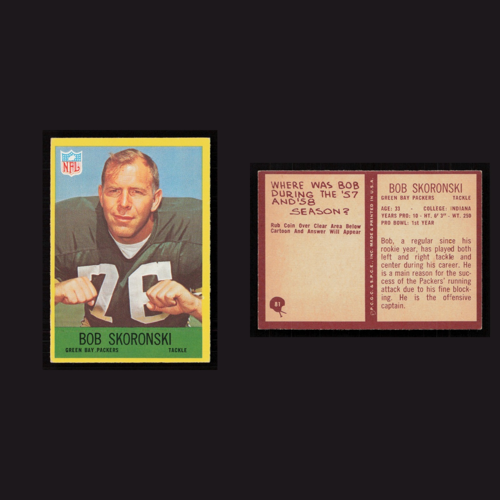 1967 Bob Skoronski #81 NM Philadelphia Green Bay Packers Vintage Football Card front and back scans. Card condition is Near Mint.