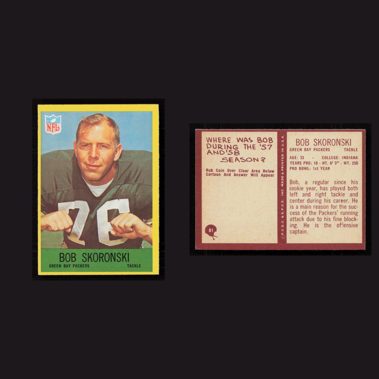 1967 Bob Skoronski #81 NM Philadelphia Green Bay Packers Vintage Football Card front and back scans. Card condition is Near Mint.
