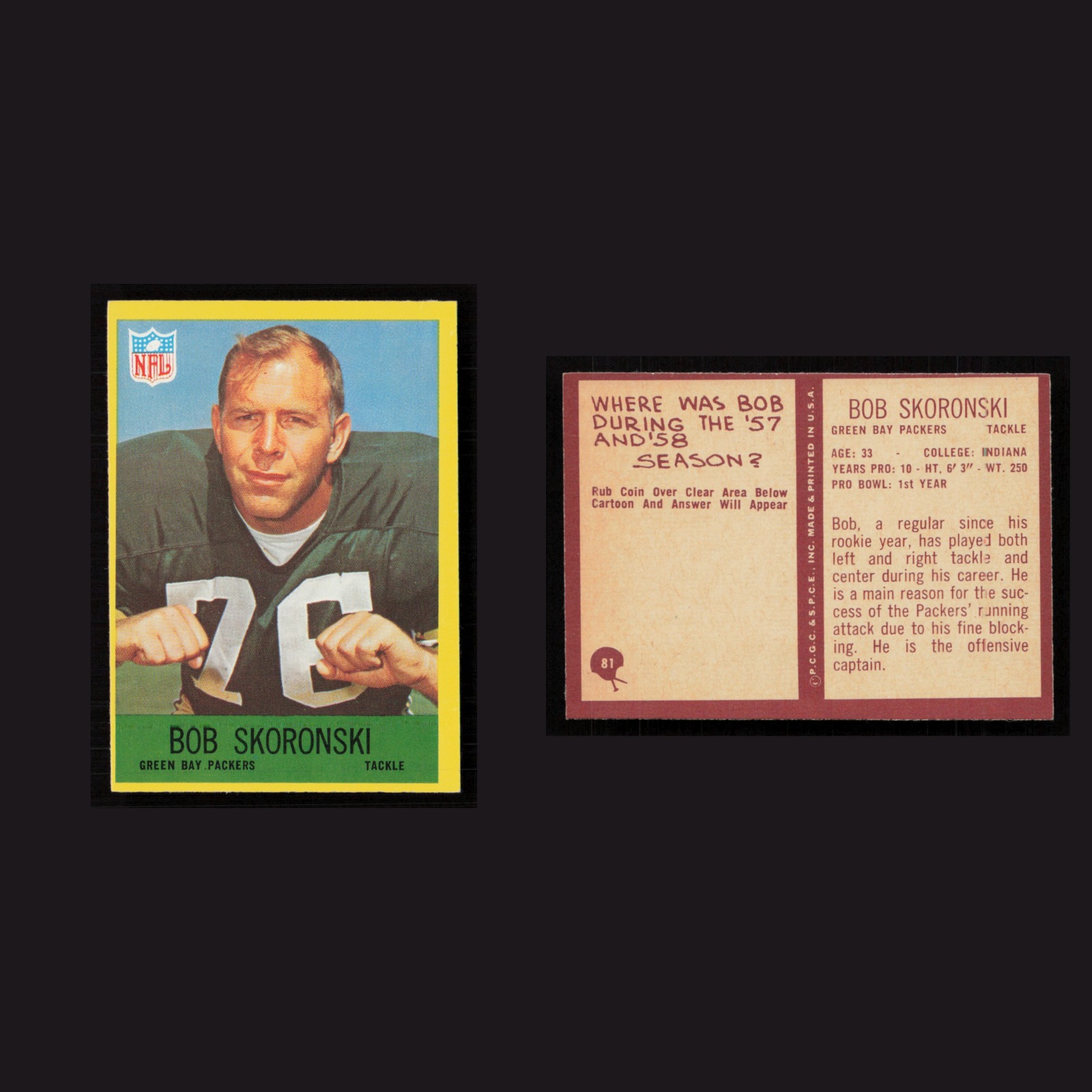 1967 Bob Skoronski #81 NM Philadelphia Green Bay Packers Vintage Football Card front and back scans. Card condition is Near Mint.