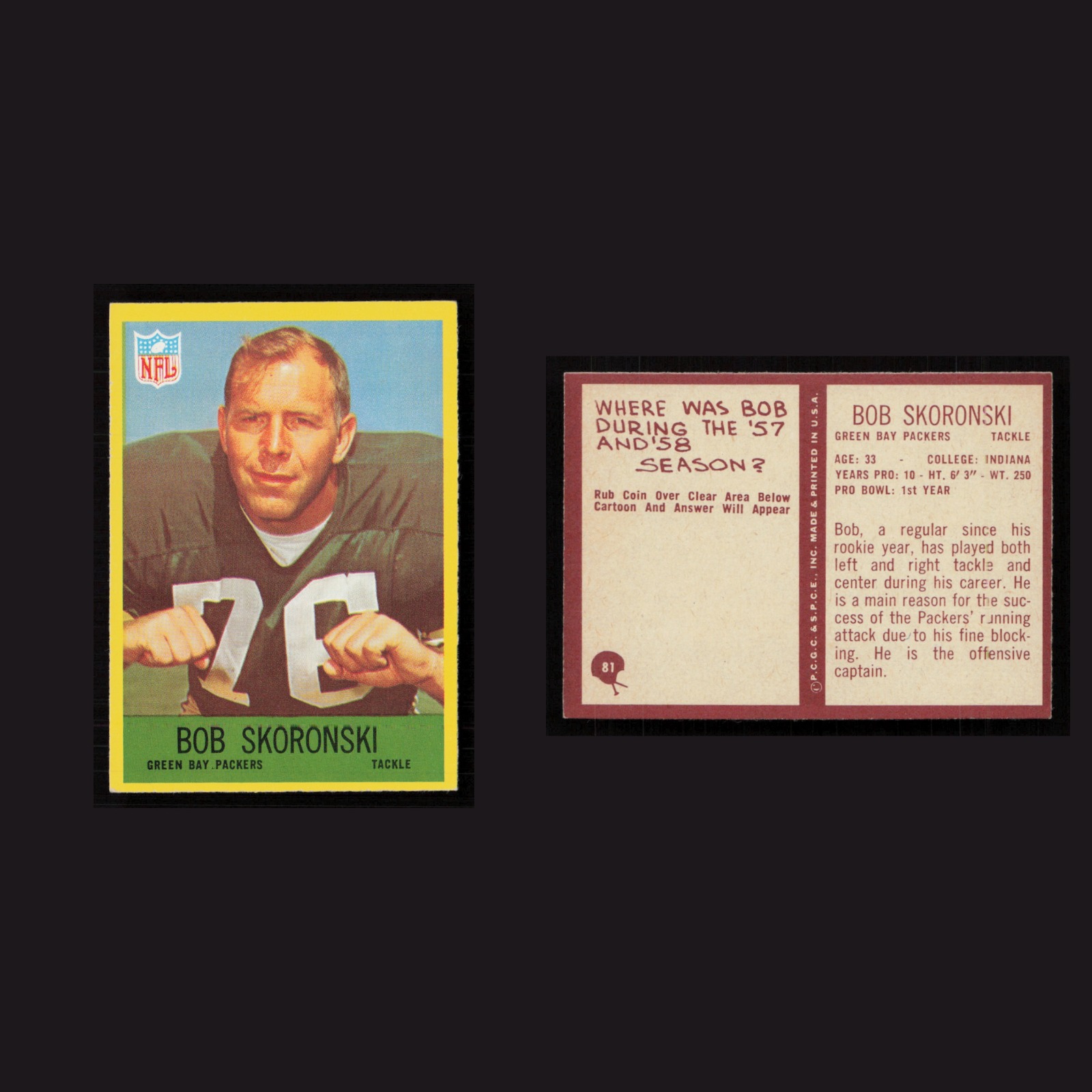 1967 Bob Skoronski #81 NM-MT Philadelphia Green Bay Packers Vintage Football NFL front and back scans. Card condition is Near Mint.