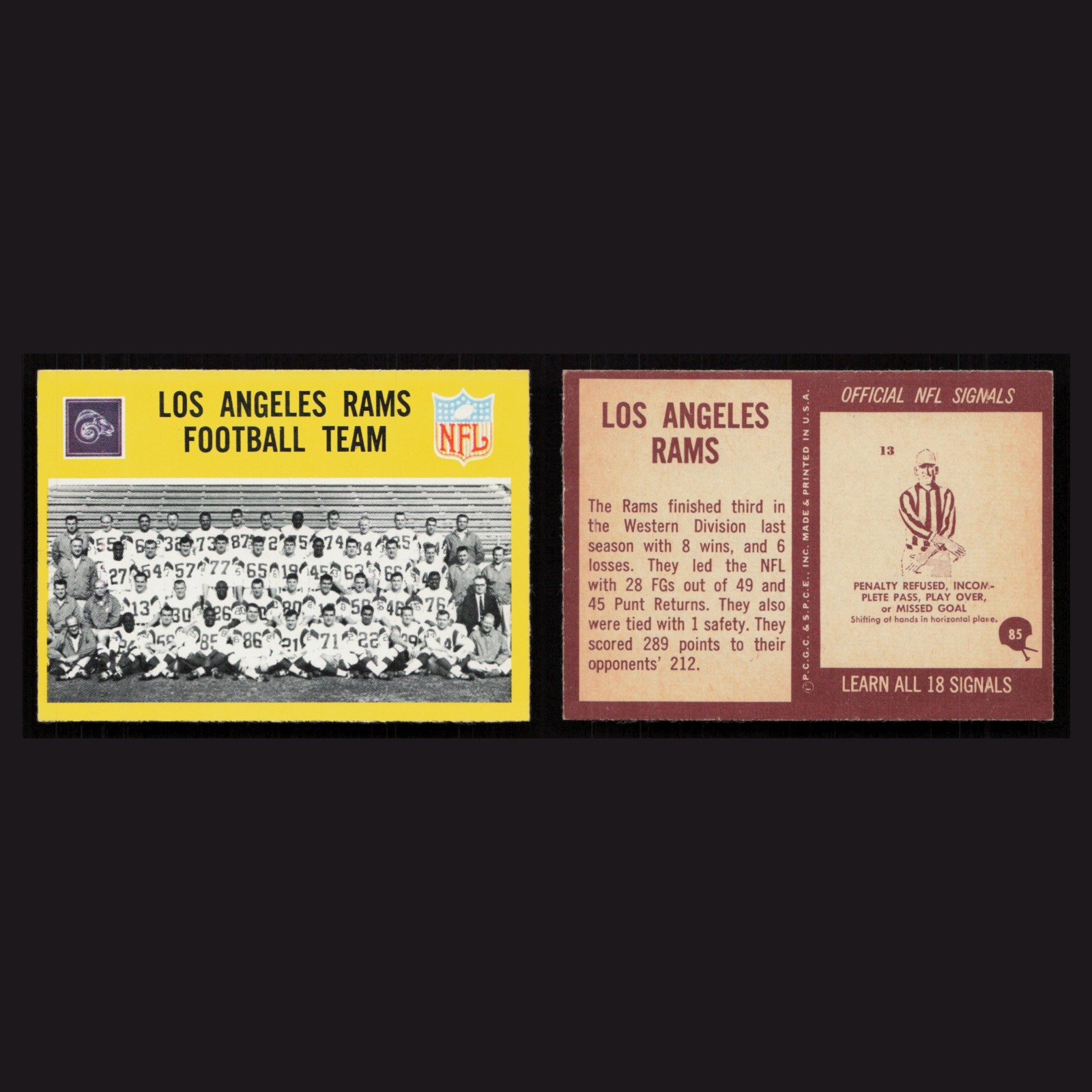 1967 Los Angeles Rams Team #85 NM-MT Philadelphia team checklist, checklist Rams front and back scans. Card condition is Near Mint.