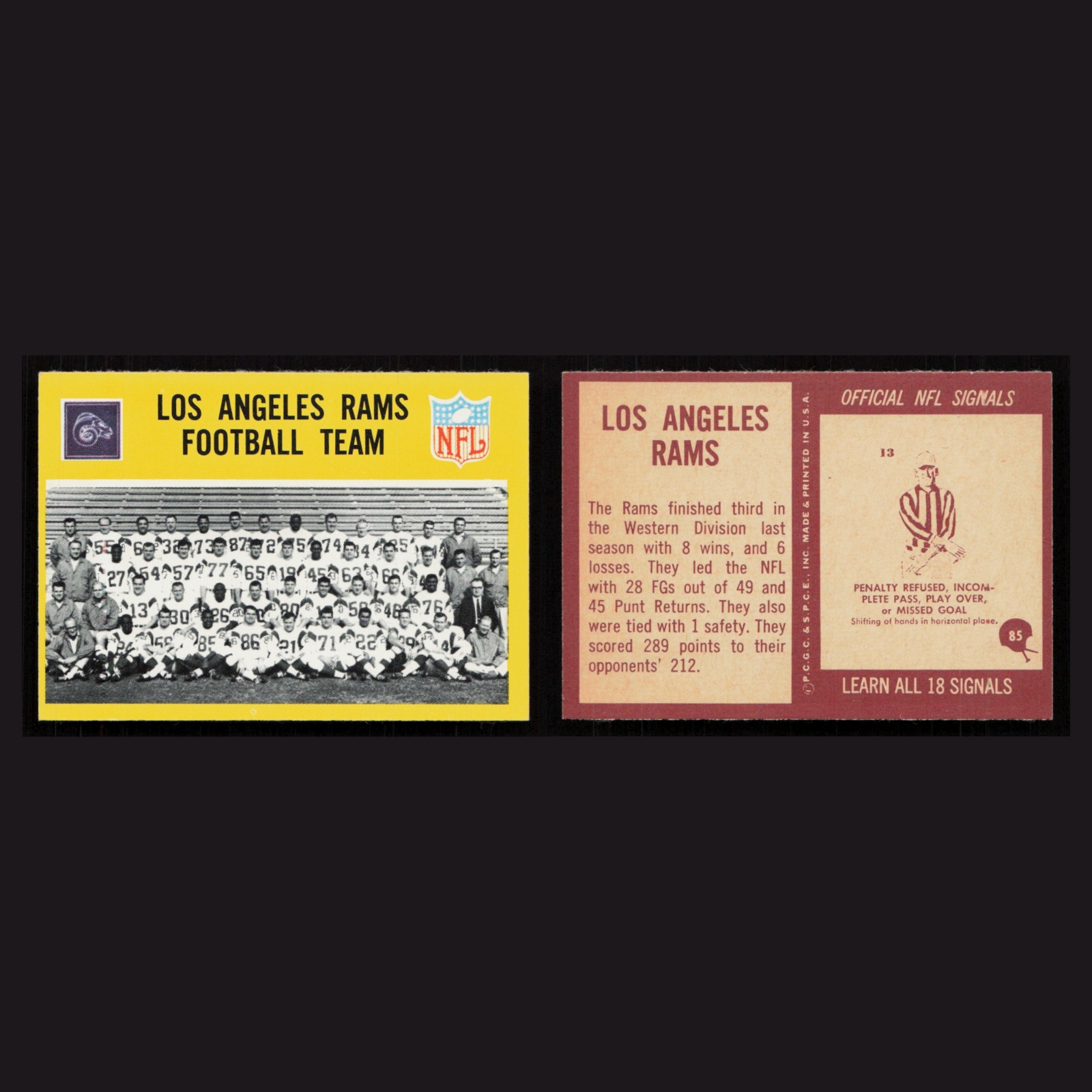 1967 Los Angeles Rams Team #85 NM-MT Philadelphia team checklist, checklist Rams front and back scans. Card condition is Near Mint.