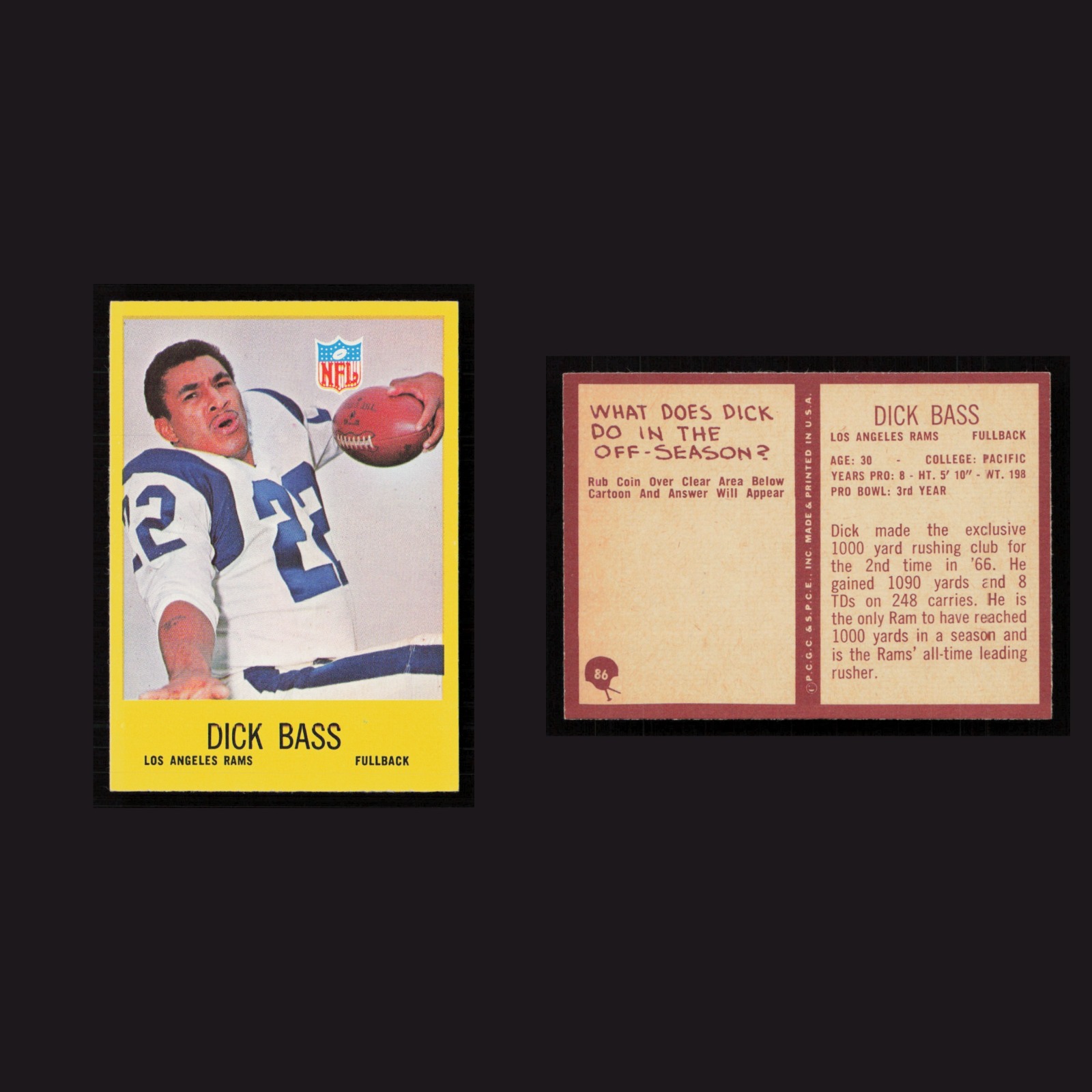 1967 Dick Bass #86 NM-MT Philadelphia Los Angeles Rams Vintage Football Card NFL front and back scans. Card condition is Near Mint.