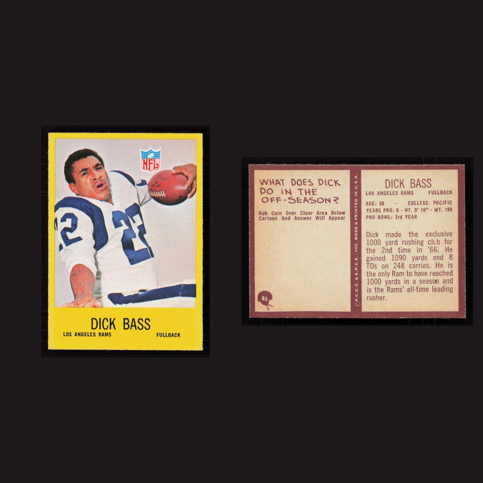 1967 Dick Bass #86 MINT Philadelphia Los Angeles Rams Vintage Football Card NFL front and back scans. Card condition is Near Mint.