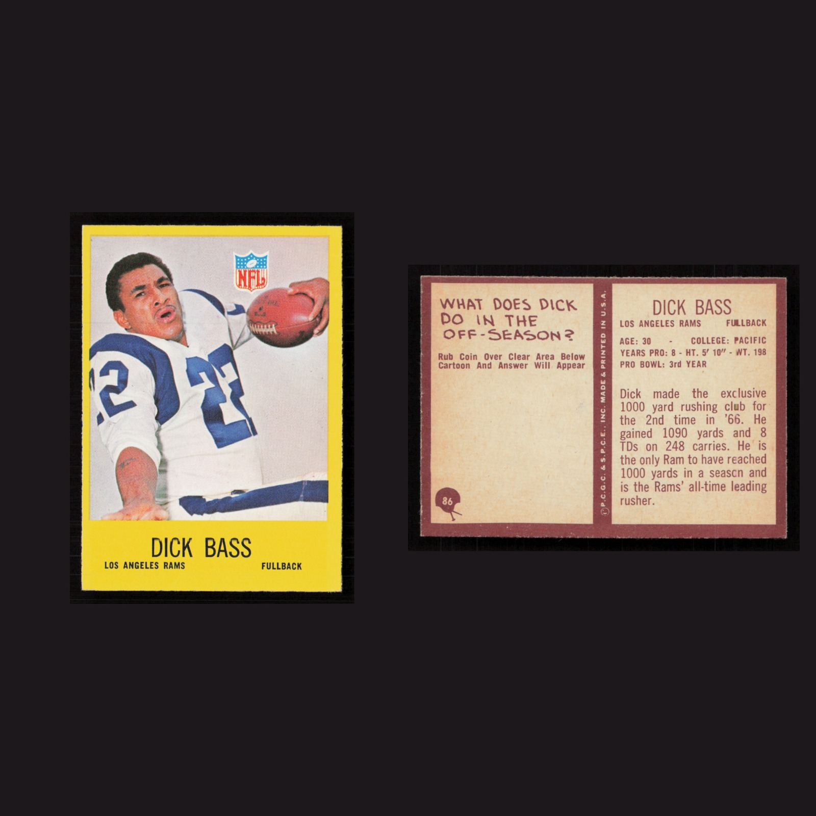 1967 Dick Bass #86 NM Philadelphia Los Angeles Rams Vintage Football Card NFL front and back scans. Card condition is Near Mint.