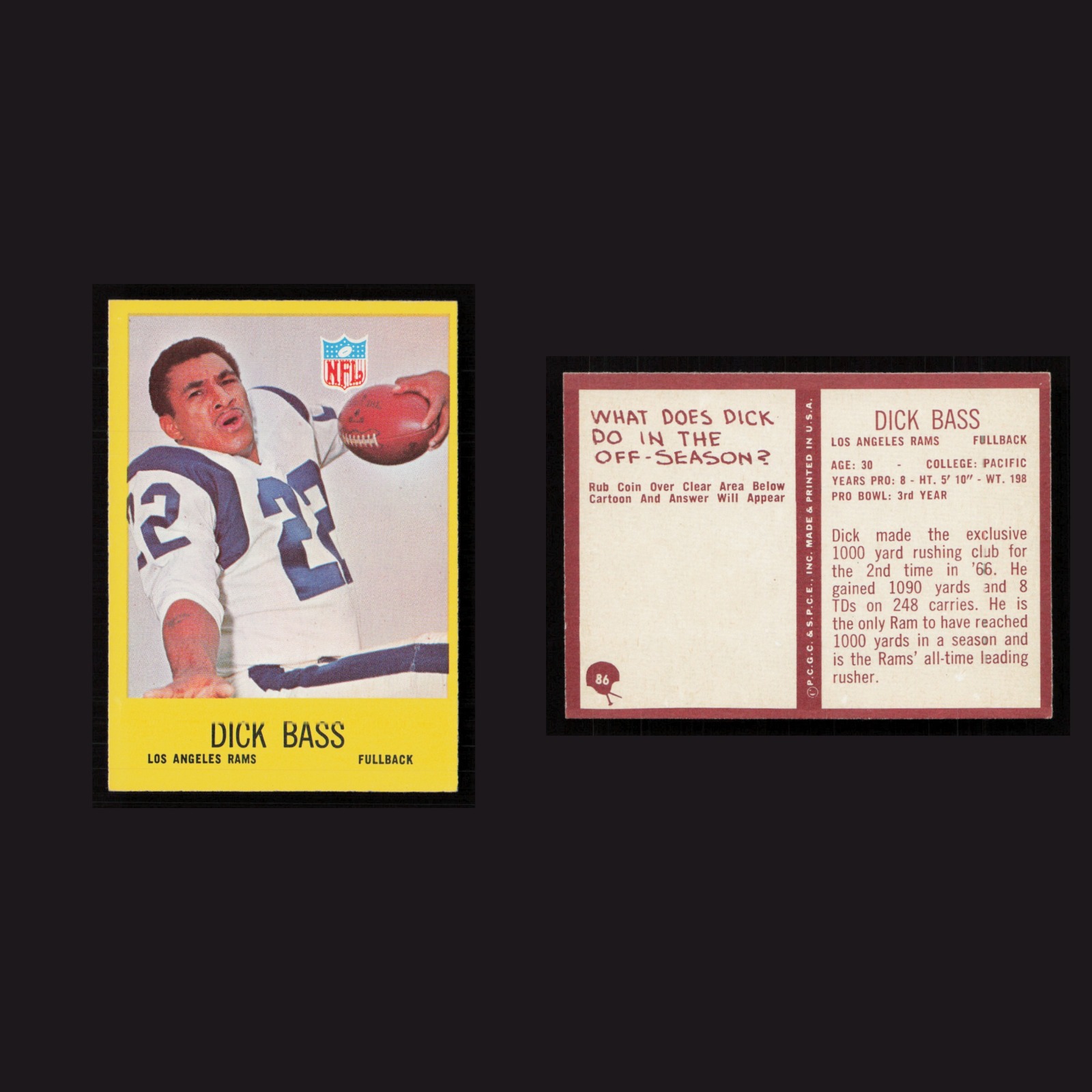 1967 Dick Bass #86 NM Philadelphia Los Angeles Rams Vintage Football Card NFL front and back scans. Card condition is Near Mint.