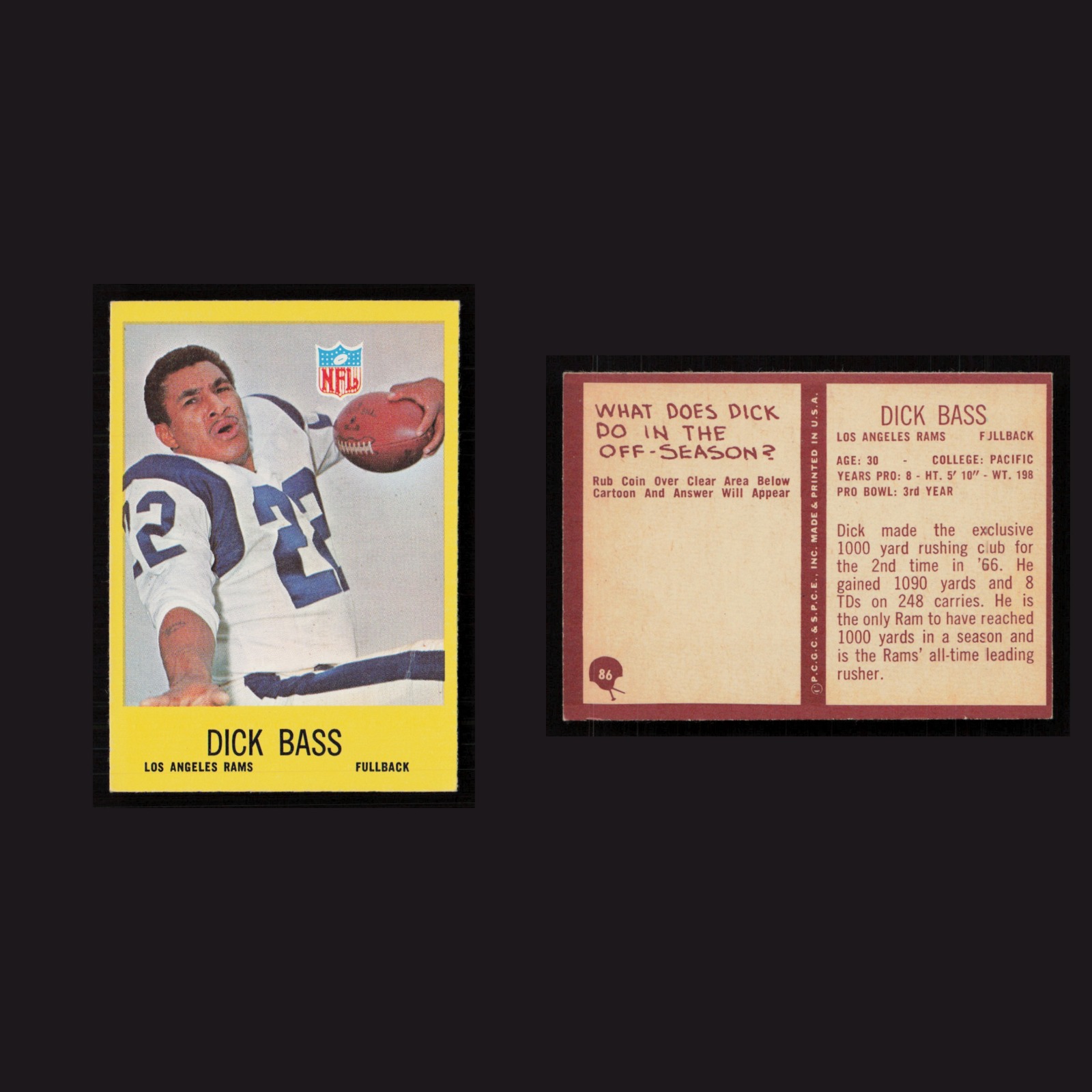 1967 Dick Bass #86 NM-MT Philadelphia Los Angeles Rams Vintage Football Card NFL front and back scans. Card condition is Near Mint.