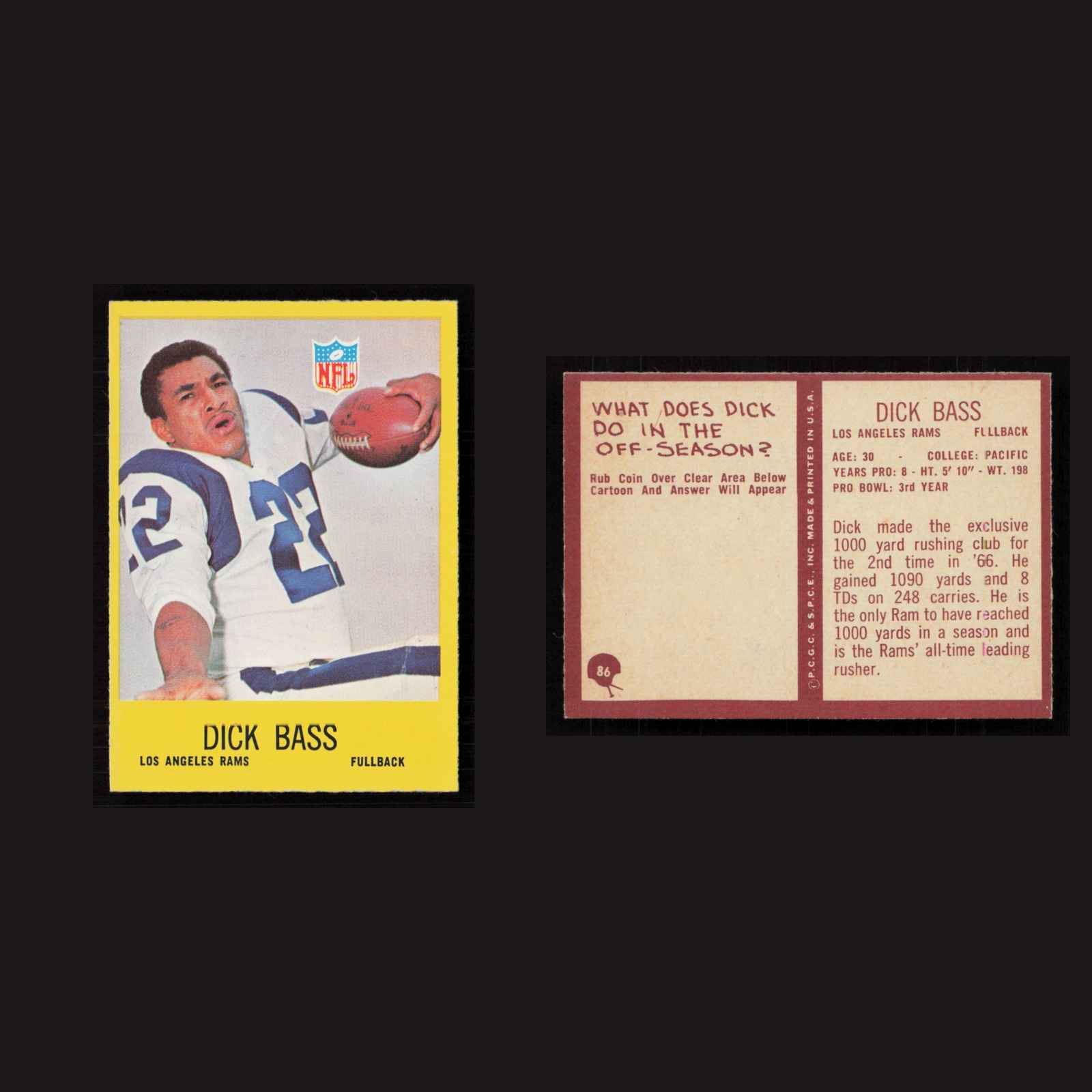 1967 Dick Bass #86 NM-MT Philadelphia Los Angeles Rams Vintage Football Card NFL front and back scans. Card condition is Near Mint.