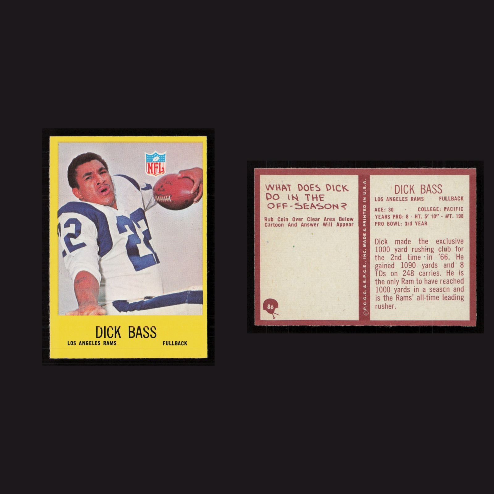 1967 Dick Bass #86 NM-MT Philadelphia Los Angeles Rams Vintage Football Card NFL front and back scans. Card condition is Near Mint.