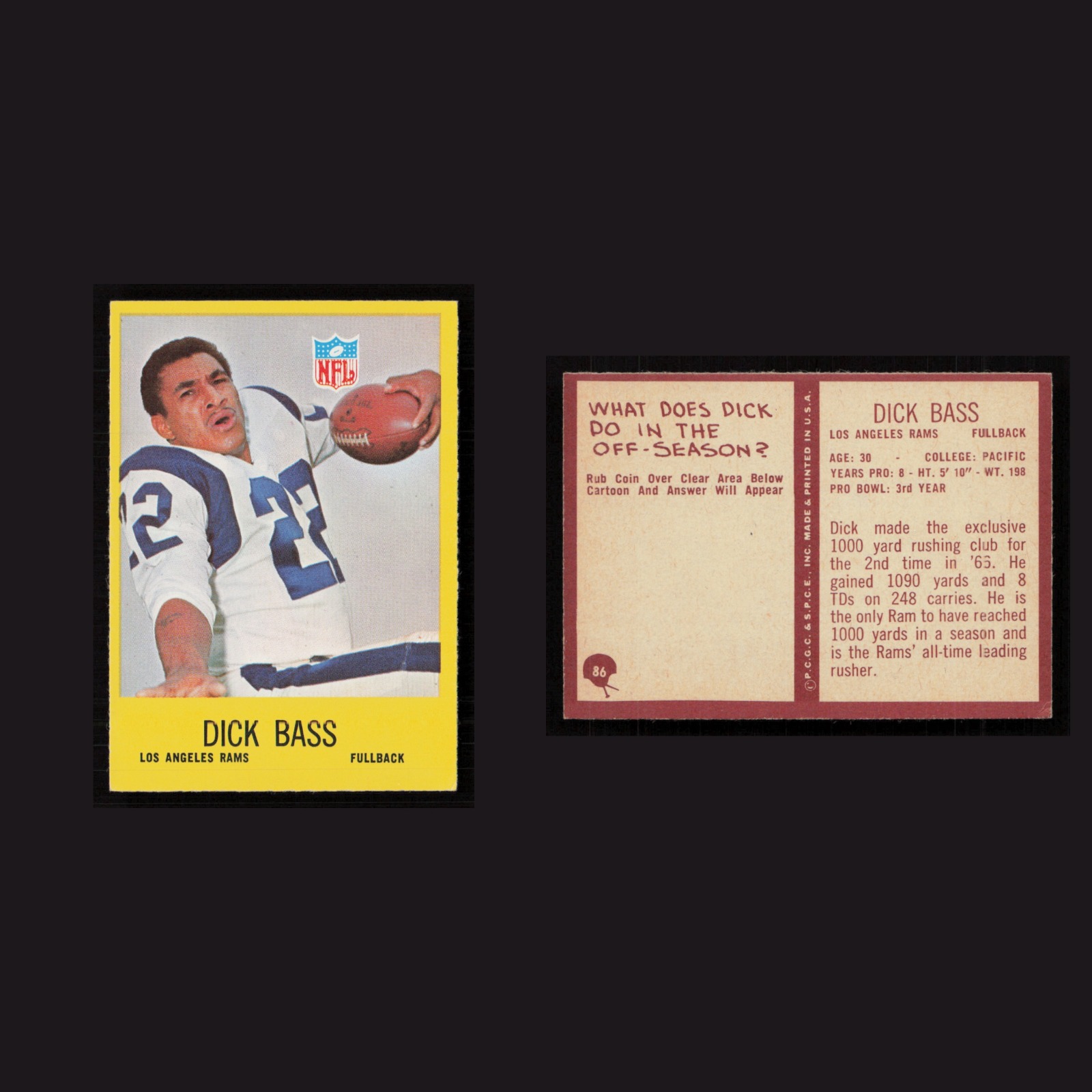 1967 Dick Bass #86 NM-MT Philadelphia Los Angeles Rams Vintage Football Card NFL front and back scans. Card condition is Near Mint.