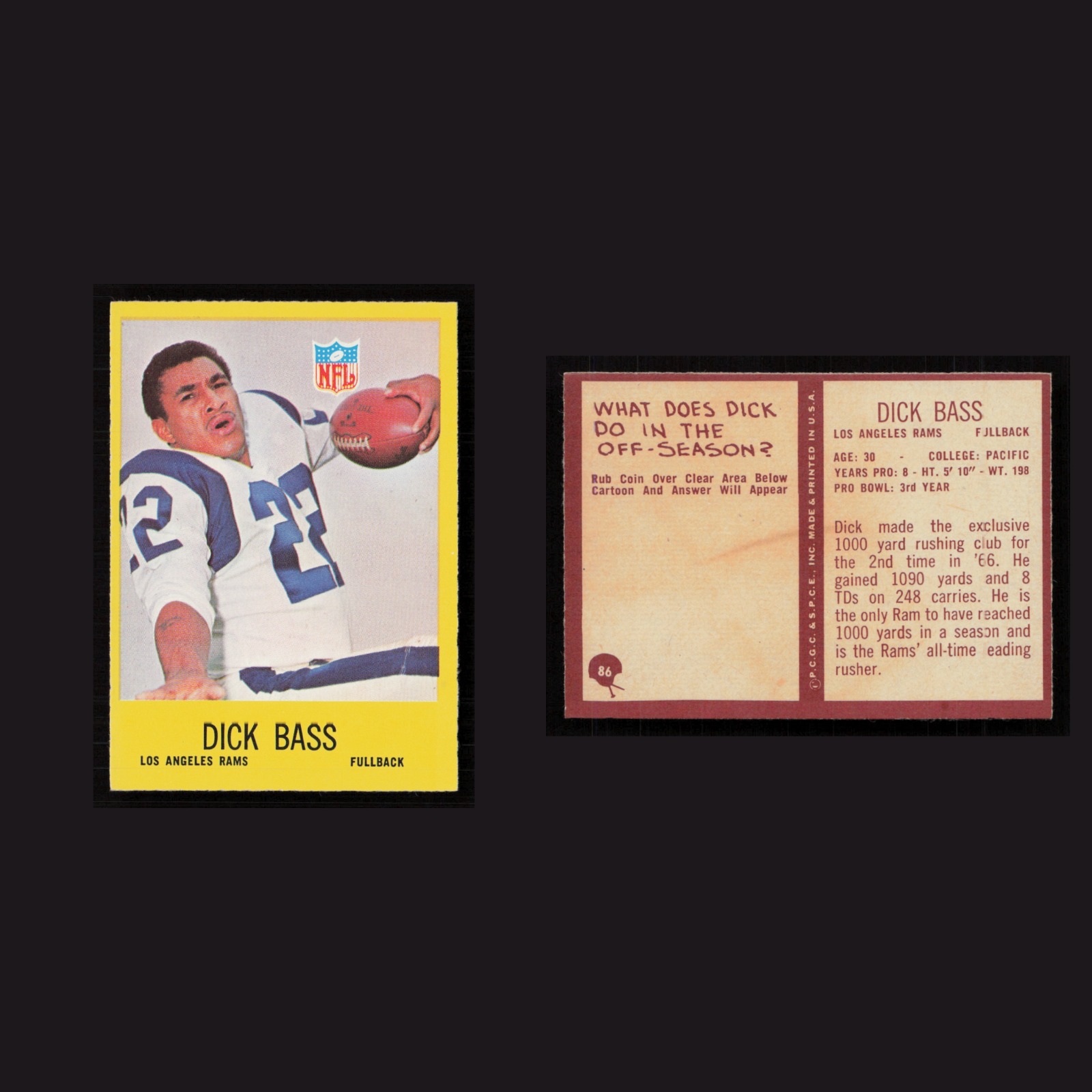 1967 Dick Bass #86 NM Philadelphia Los Angeles Rams Vintage Football Card NFL front and back scans. Card condition is Near Mint.
