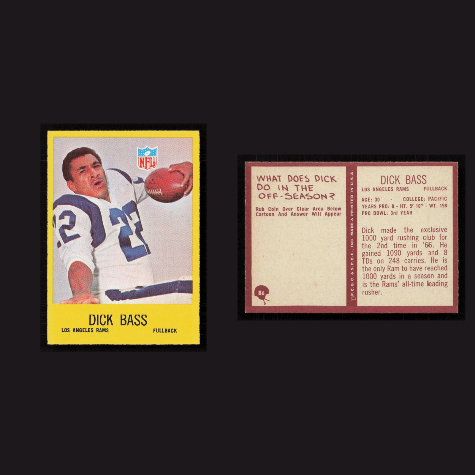 1967 Dick Bass #86 MINT Philadelphia Los Angeles Rams Vintage Football Card NFL front and back scans. Card condition is Near Mint.
