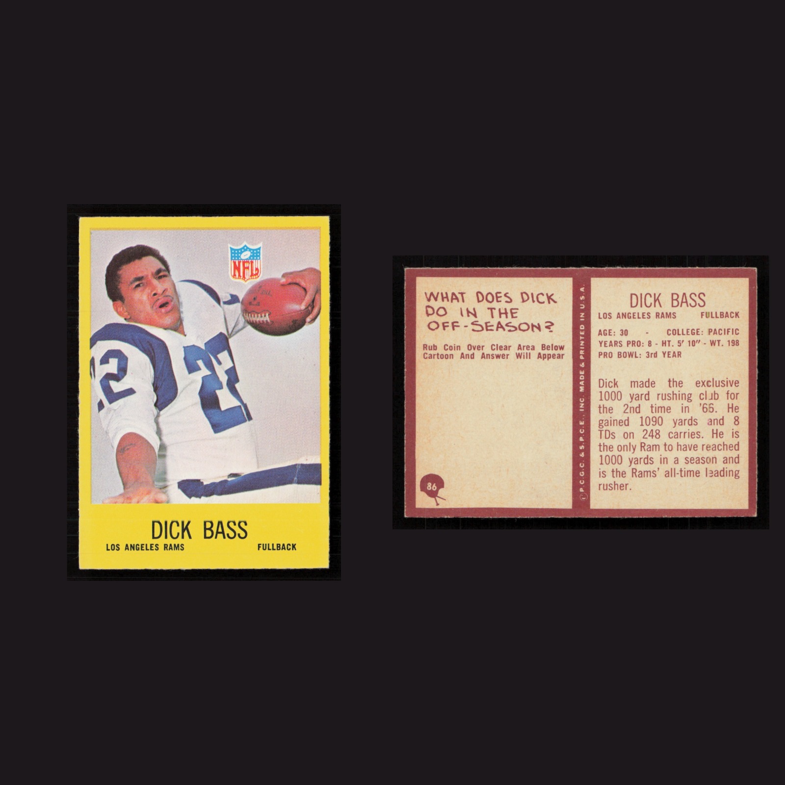 1967 Dick Bass #86 NM-MT Philadelphia Los Angeles Rams Vintage Football Card NFL front and back scans. Card condition is Near Mint.