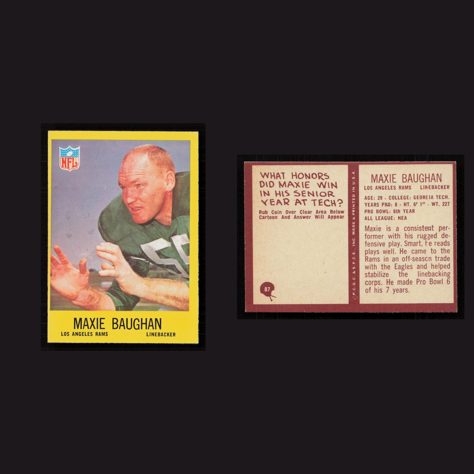 1967 Maxie Baughan #87 EX-EXMINT Philadelphia Los Angeles Rams Vintage Football front and back scans. Card condition is Near Mint.