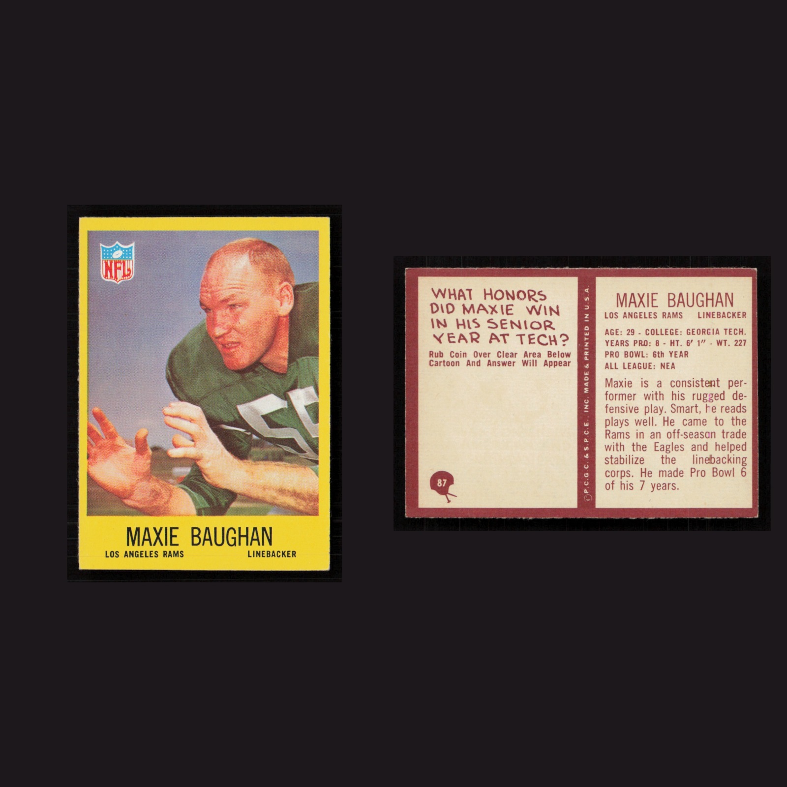 1967 Maxie Baughan #87 NM-MT Philadelphia Los Angeles Rams Vintage Football Card front and back scans. Card condition is Near Mint.