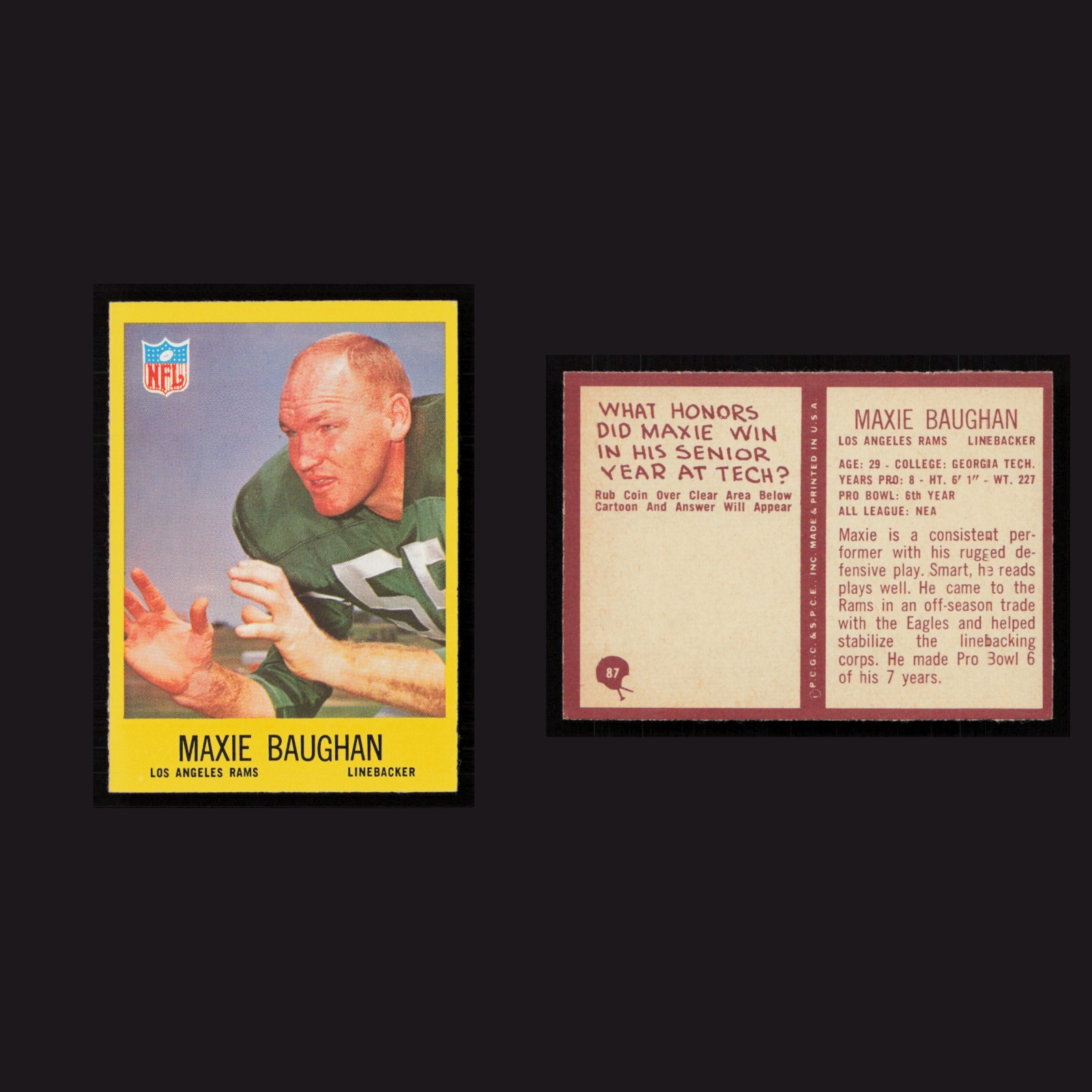 1967 Maxie Baughan #87 MINT Philadelphia Los Angeles Rams Vintage Football Card front and back scans. Card condition is Near Mint.