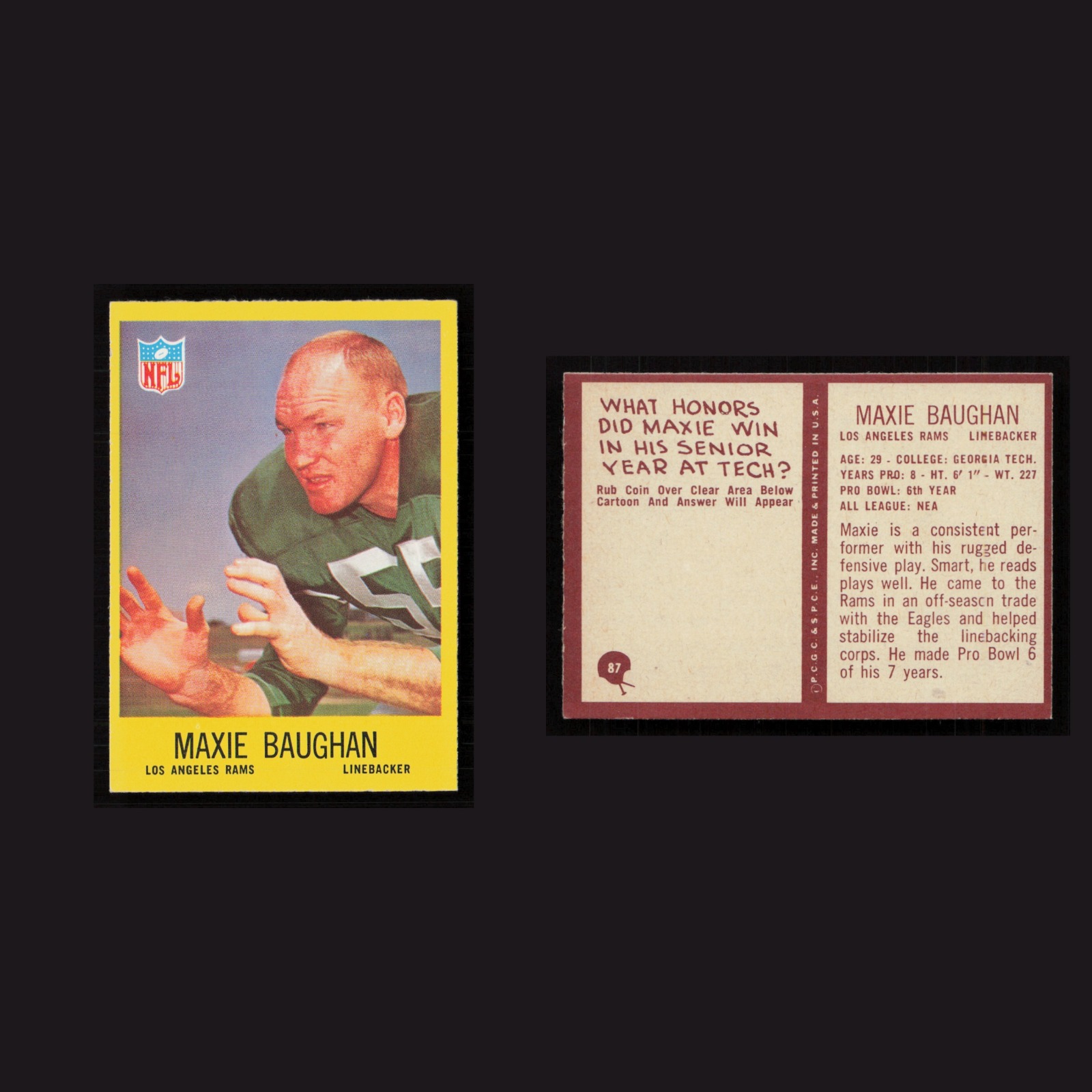 1967 Maxie Baughan #87 NM-MT Philadelphia Los Angeles Rams Vintage Football Card front and back scans. Card condition is Near Mint.