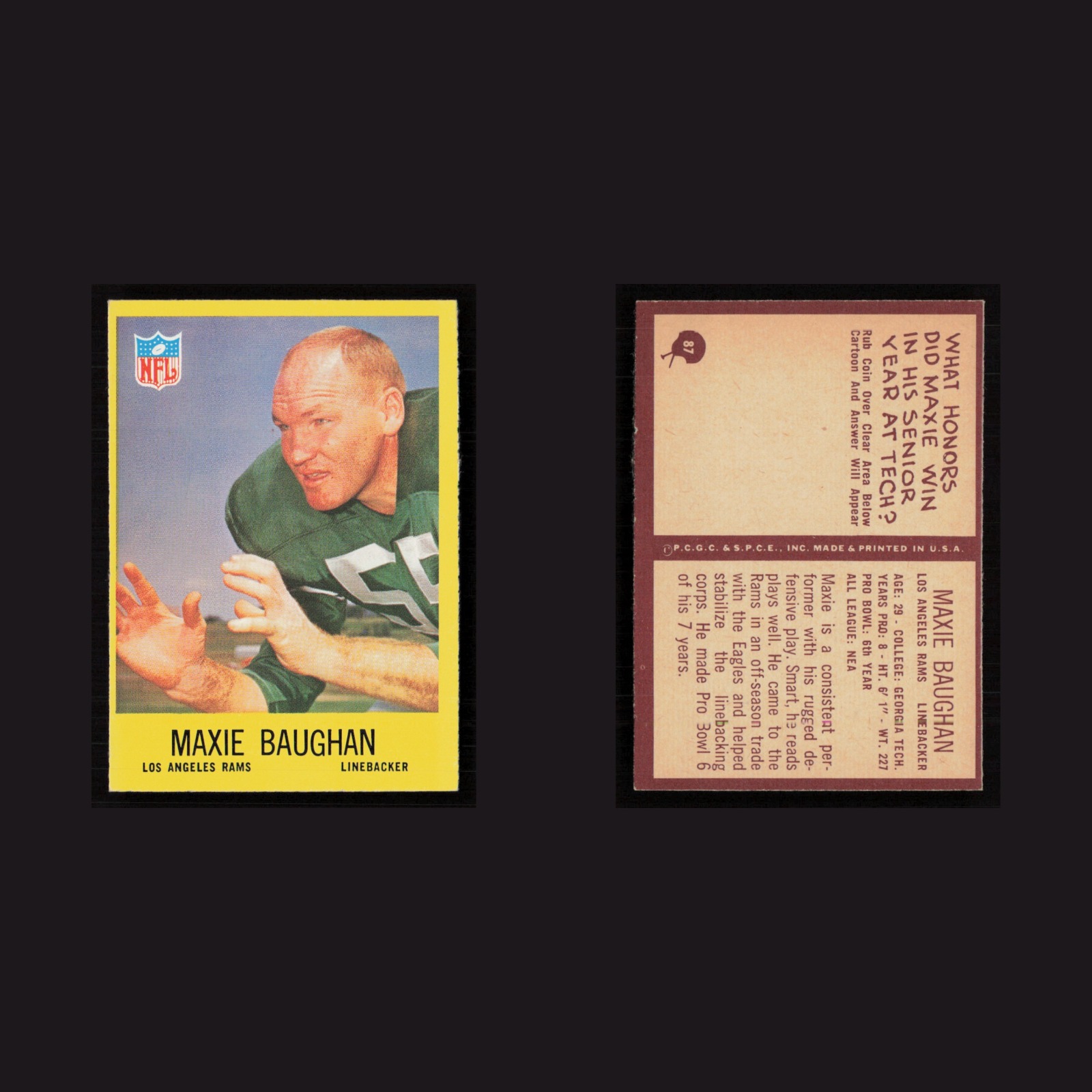 1967 Maxie Baughan #87 NM-MT Philadelphia Los Angeles Rams Vintage Football Card front and back scans. Card condition is Near Mint.